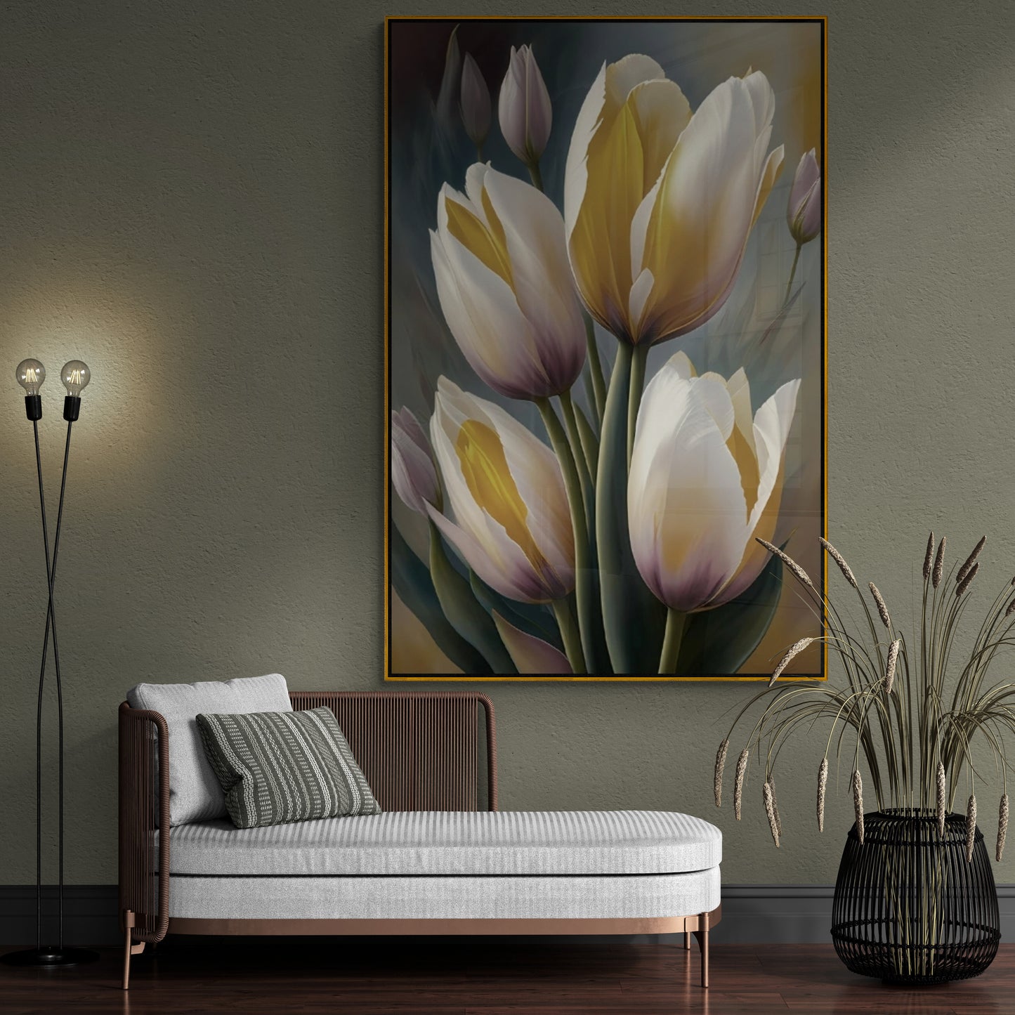 Große Tulpen Wandkunst, floraler Leinwanddruck, druckbares gerahmtes Kunstwerk, weiße Blumen Wandkunst, botanischer Floater-Rahmen Wohnzimmer Wandkunst