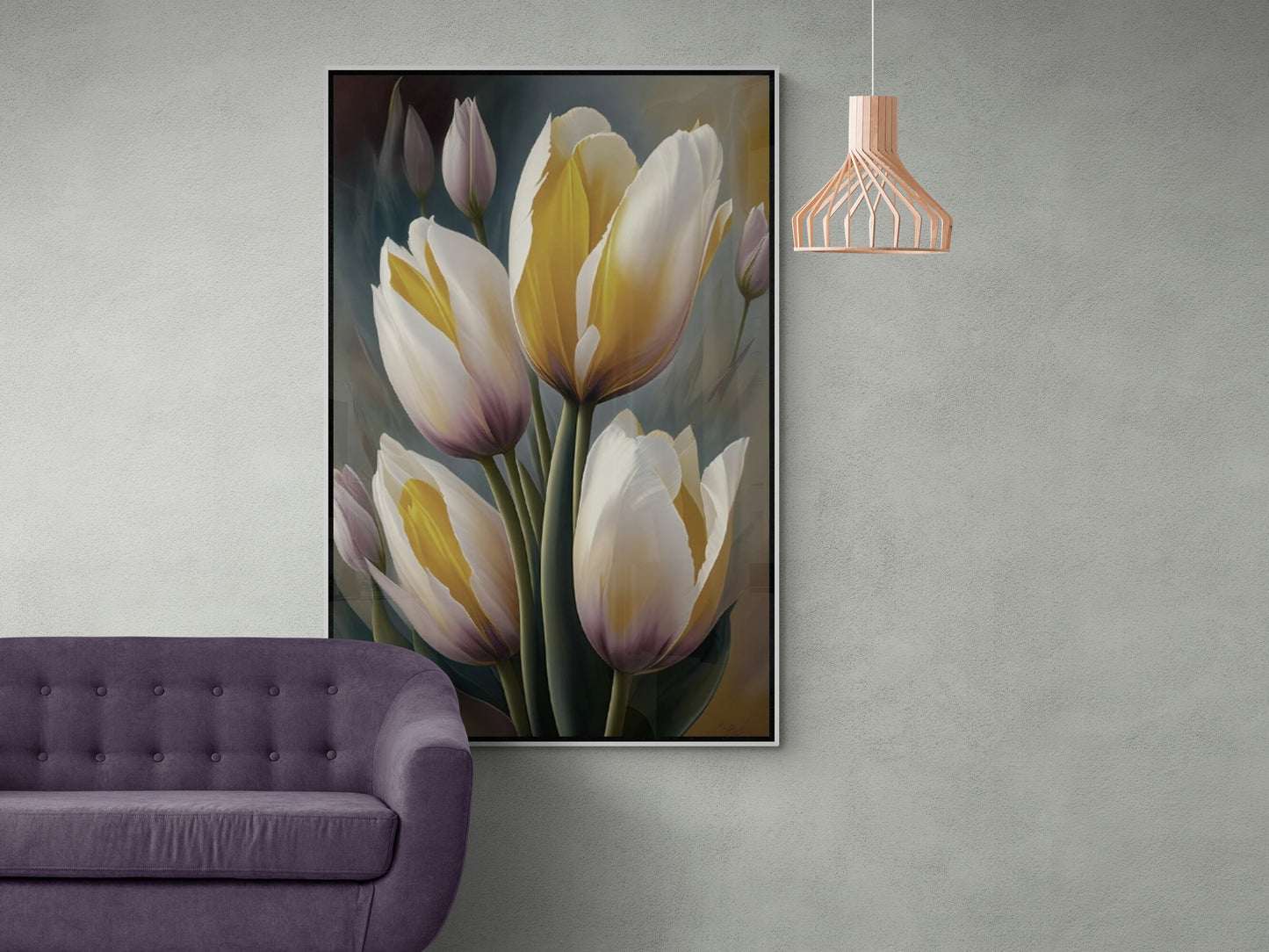 Große Tulpen Wandkunst, floraler Leinwanddruck, druckbares gerahmtes Kunstwerk, weiße Blumen Wandkunst, botanischer Floater-Rahmen Wohnzimmer Wandkunst