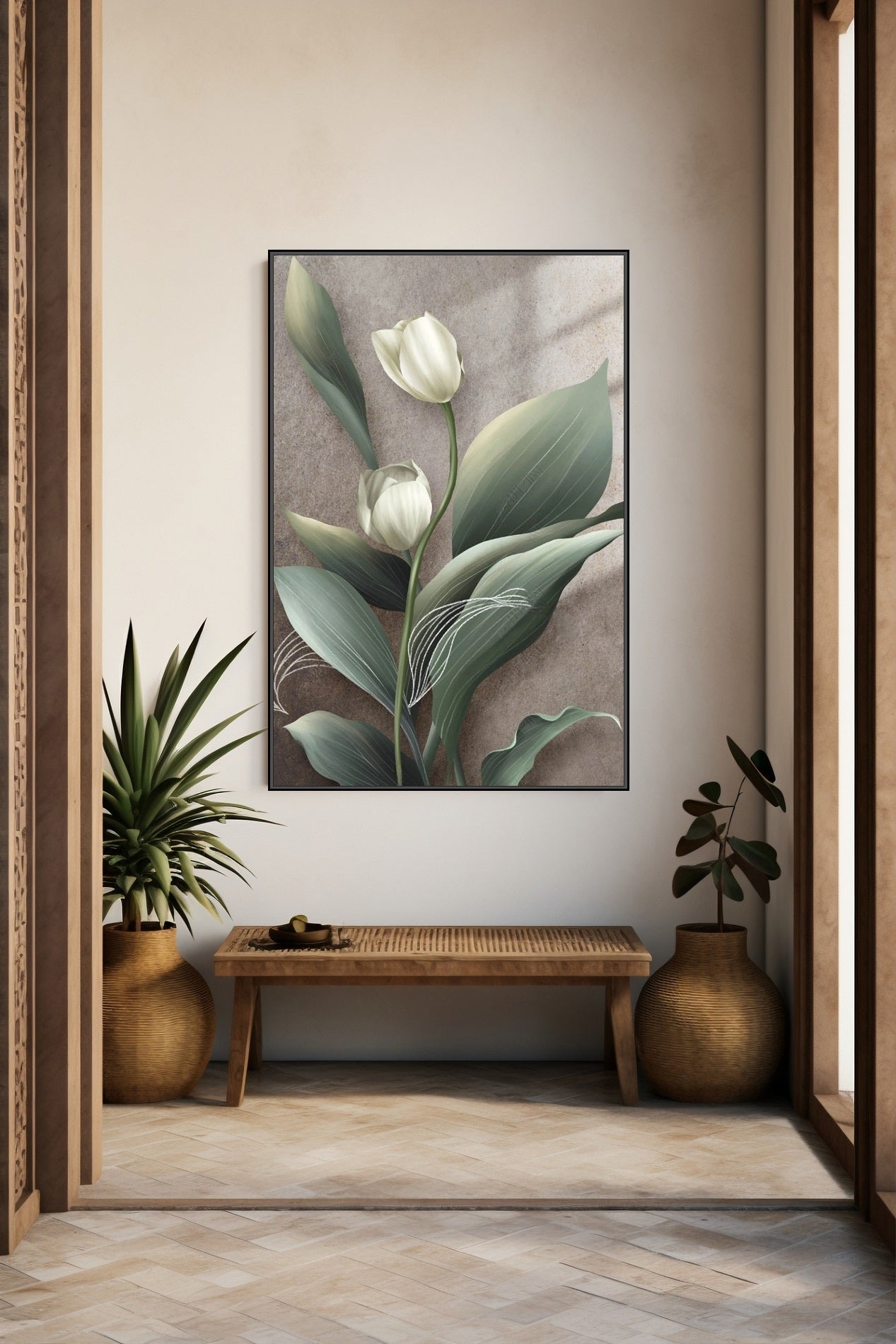 Weiße Tulpen Leinwanddruck, große florale Wandkunst, druckbares schwebendes Rahmenbild, gerahmter botanischer Leinwanddruck, Wohnzimmer Wandkunst