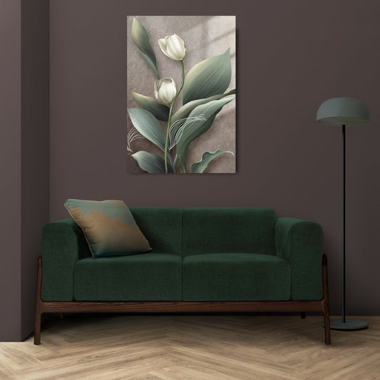 Weiße Tulpen Leinwanddruck, große florale Wandkunst, druckbares schwebendes Rahmenbild, gerahmter botanischer Leinwanddruck, Wohnzimmer Wandkunst