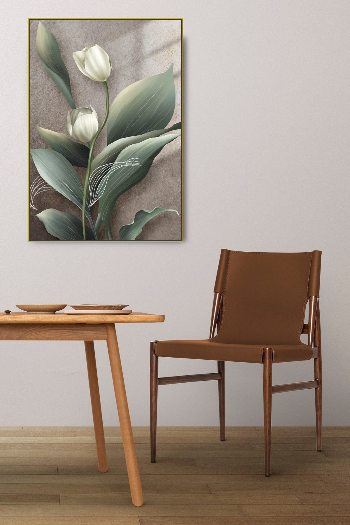 Weiße Tulpen Leinwanddruck, große florale Wandkunst, druckbares schwebendes Rahmenbild, gerahmter botanischer Leinwanddruck, Wohnzimmer Wandkunst