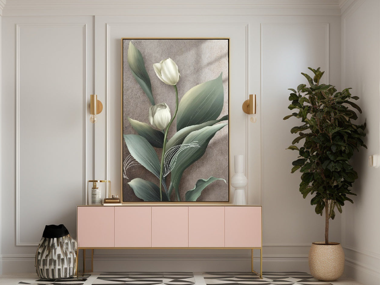 Weiße Tulpen Leinwanddruck, große florale Wandkunst, druckbares schwebendes Rahmenbild, gerahmter botanischer Leinwanddruck, Wohnzimmer Wandkunst