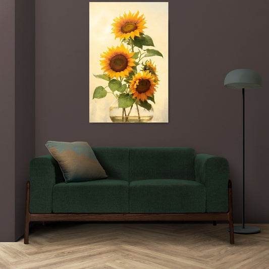 Großes Sonnenblumen-Wandbild, gerahmter floraler Leinwanddruck, druckbares Aquarellblumen-Kunstwerk, Floater-Rahmen-Wandbild, Wohnzimmer-Kunstwerk