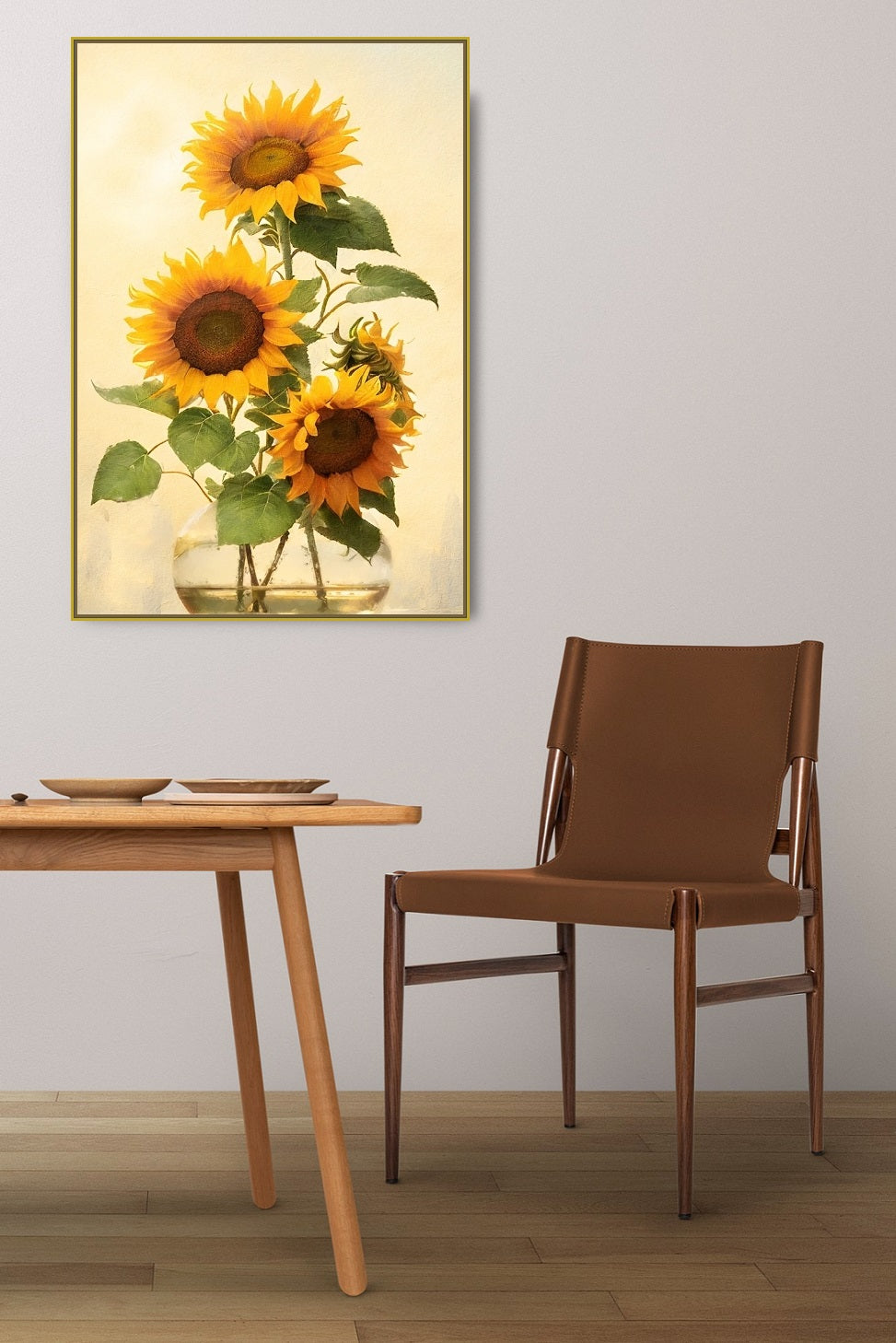 Großes Sonnenblumen-Wandbild, gerahmter floraler Leinwanddruck, druckbares Aquarellblumen-Kunstwerk, Floater-Rahmen-Wandbild, Wohnzimmer-Kunstwerk