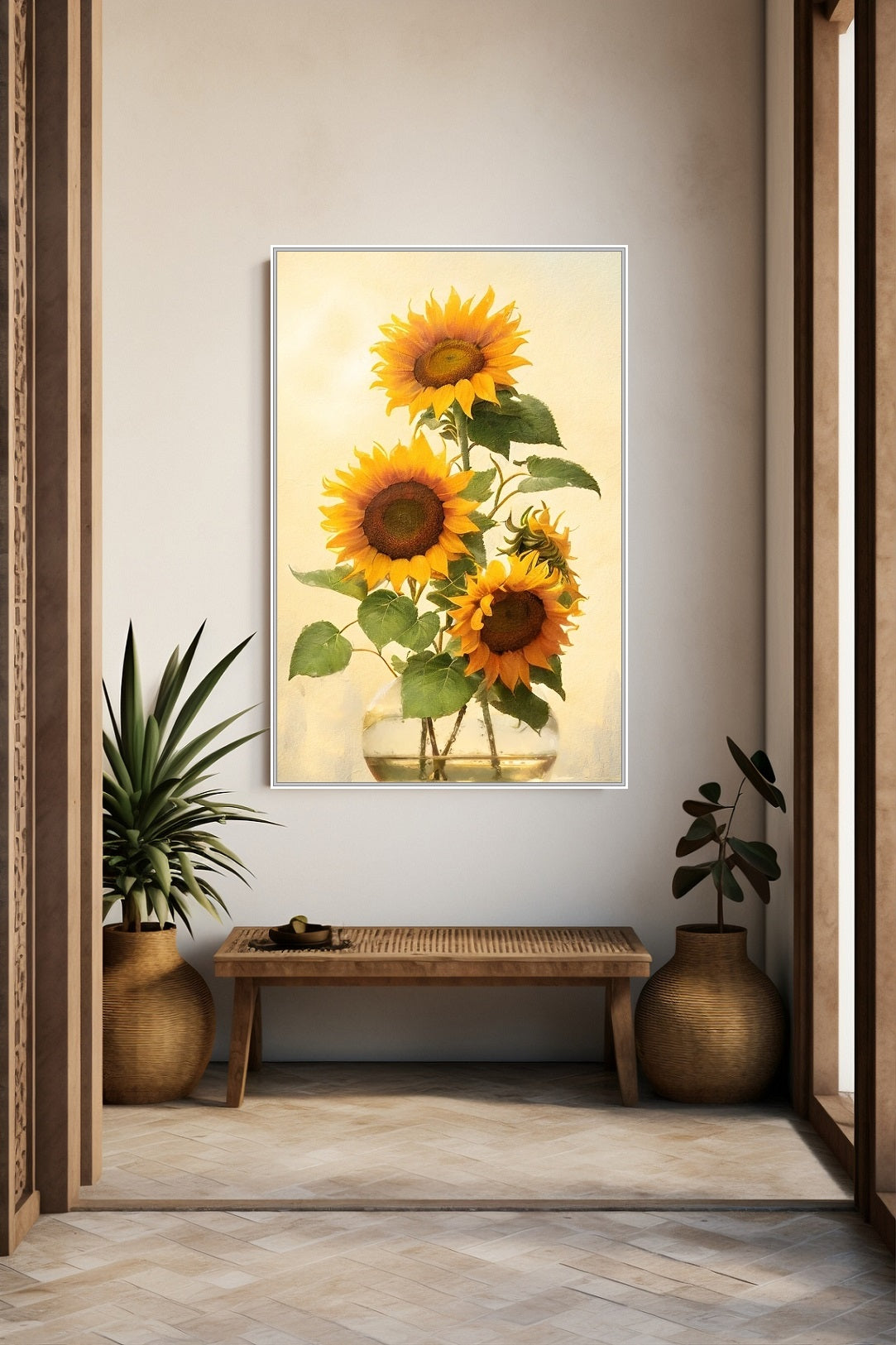 Großes Sonnenblumen-Wandbild, gerahmter floraler Leinwanddruck, druckbares Aquarellblumen-Kunstwerk, Floater-Rahmen-Wandbild, Wohnzimmer-Kunstwerk