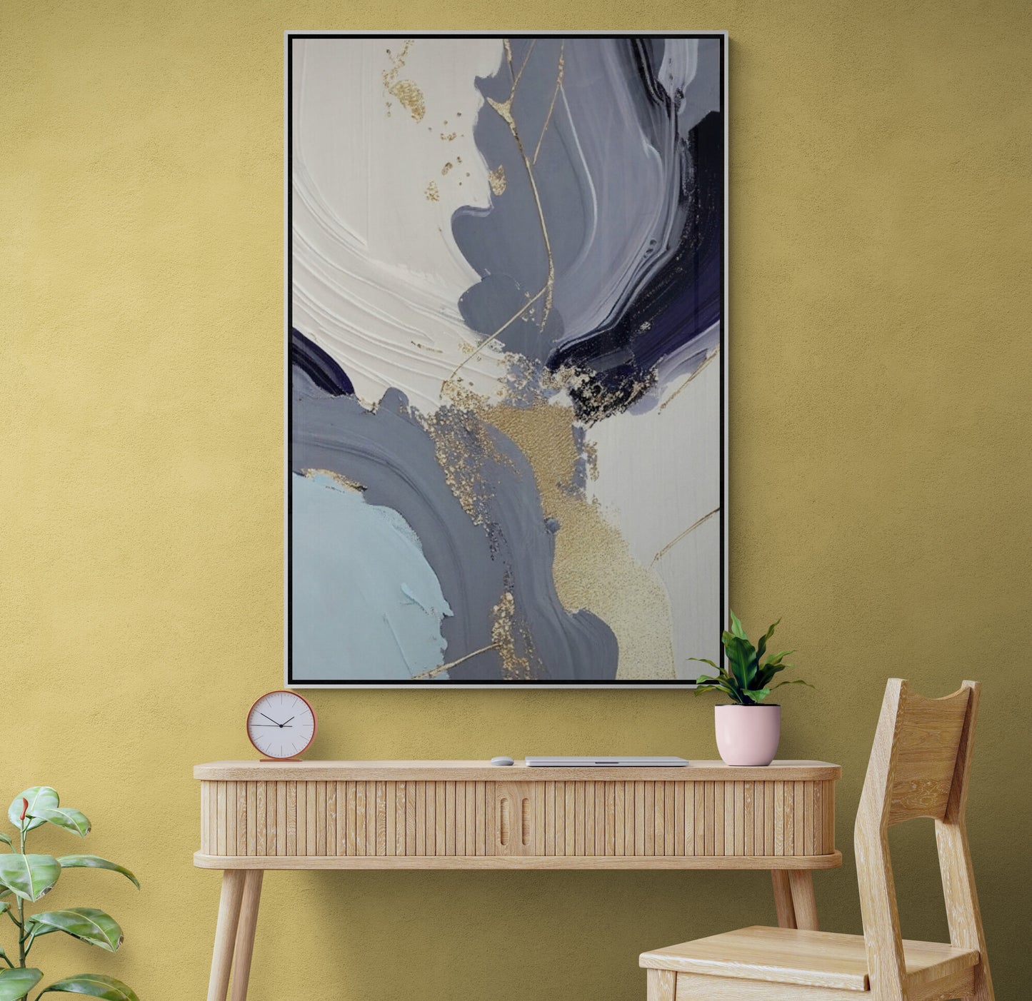 Große abstrakte Wandkunst, blauer Leinwanddruck mit schwebendem Rahmen, druckbares Wanddekor, Kunstwerk im Aluminiumrahmen, moderne Wandkunst für das Wohnzimmer