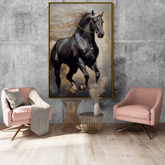 Großes Pferdebild, Tier-Leinwanddruck im Floater-Rahmen, druckbares schwarzes Pferdebild, gerahmte Wandkunst fürs Wohnzimmer, Wandkunst mit Aluminiumrahmen