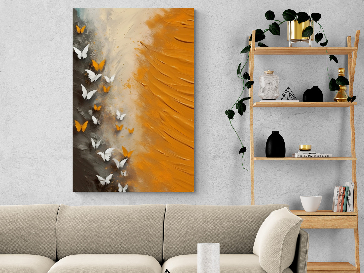 Abstrakte Wandkunst, gerahmtes Schmetterlingsbild, druckbare orange Wandkunst, großer Leinwanddruck im Floater-Rahmen, zeitgenössische Wandkunst fürs Wohnzimmer