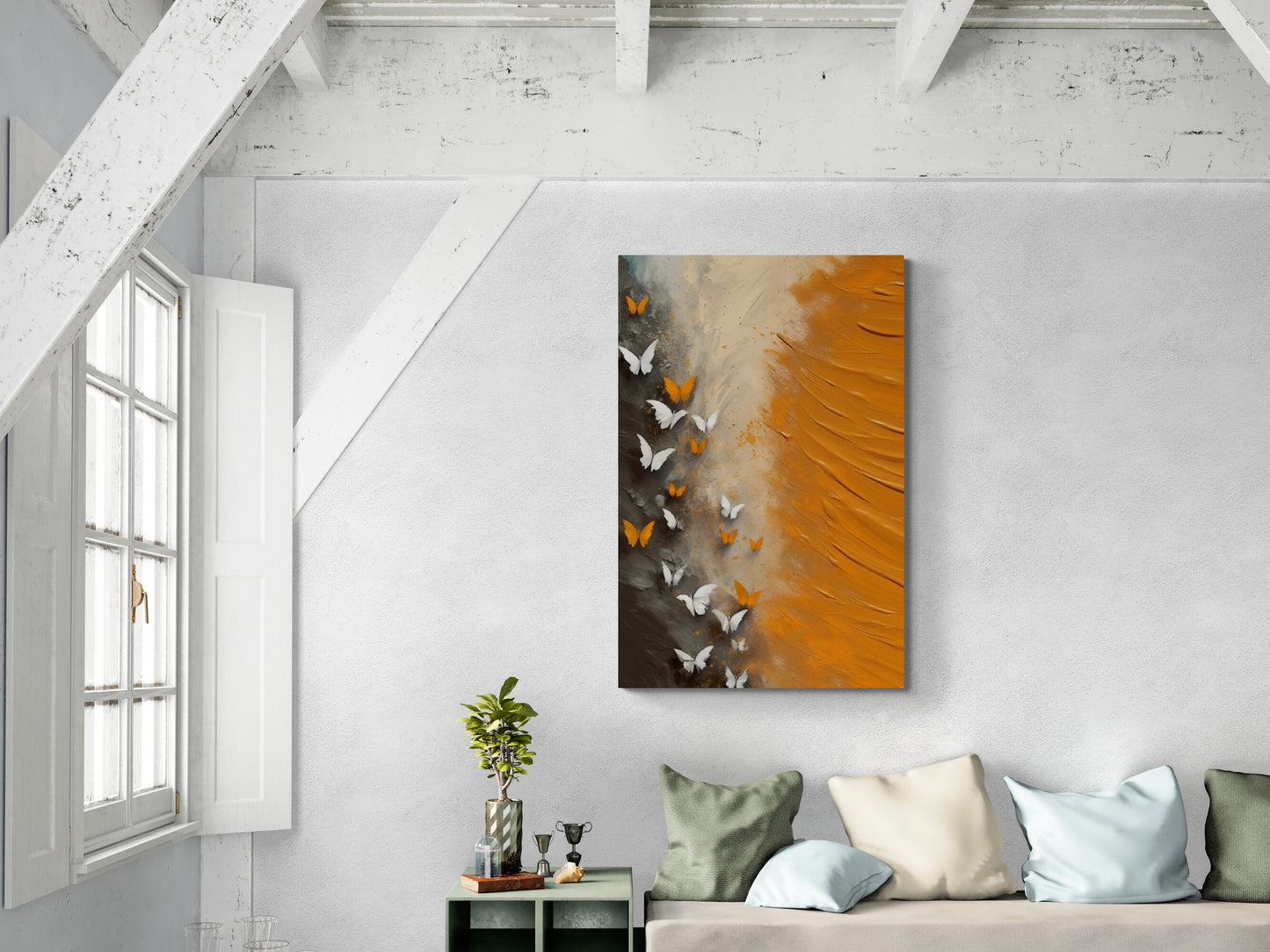 Abstrakte Wandkunst, gerahmtes Schmetterlingsbild, druckbare orange Wandkunst, großer Leinwanddruck im Floater-Rahmen, zeitgenössische Wandkunst fürs Wohnzimmer