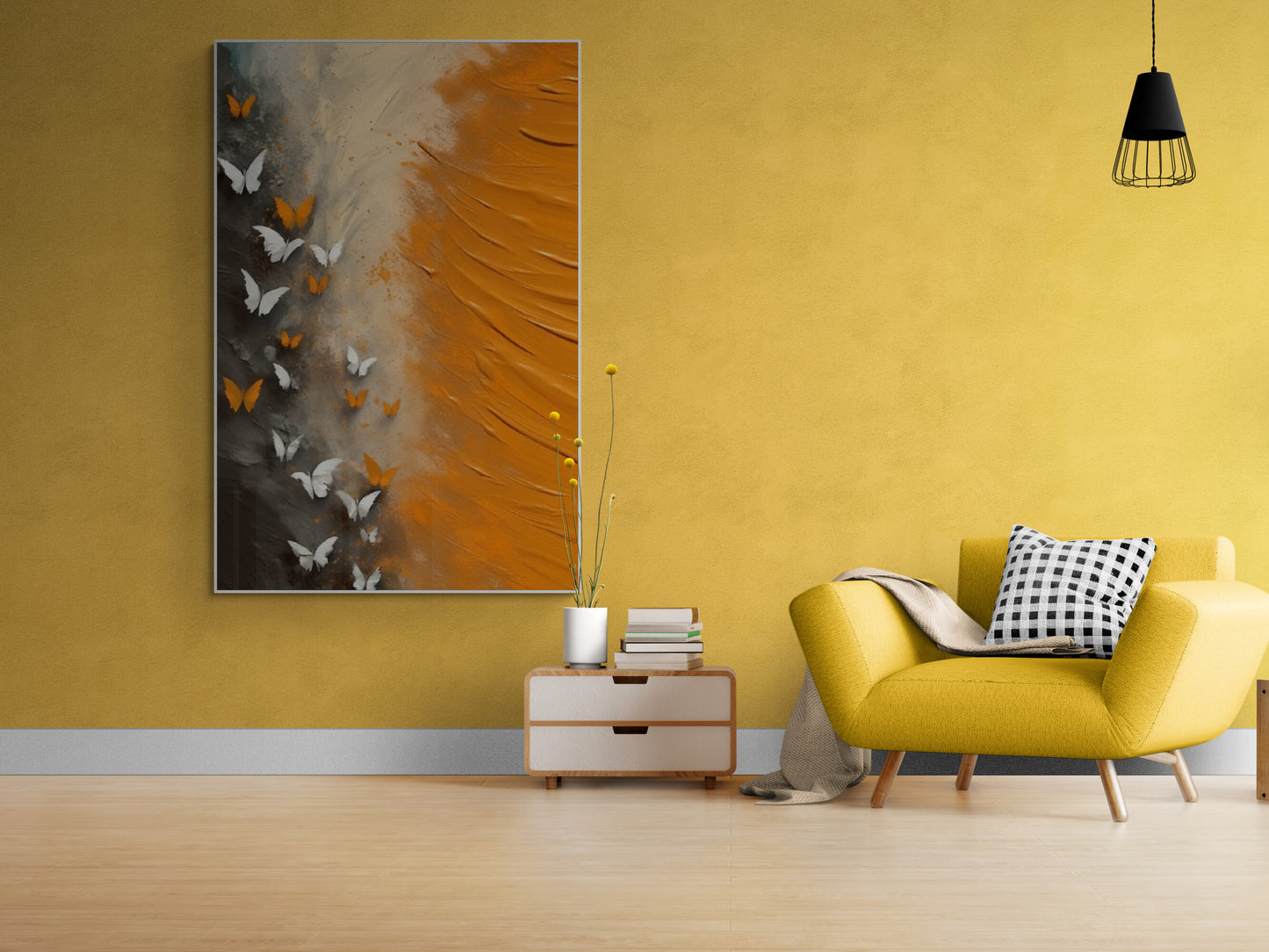Abstrakte Wandkunst, gerahmtes Schmetterlingsbild, druckbare orange Wandkunst, großer Leinwanddruck im Floater-Rahmen, zeitgenössische Wandkunst fürs Wohnzimmer