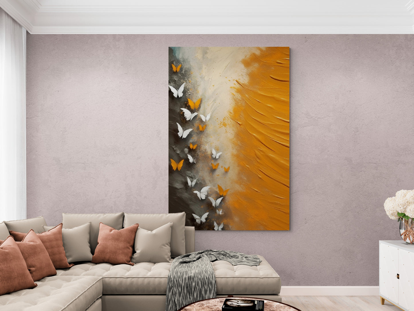 Abstrakte Wandkunst, gerahmtes Schmetterlingsbild, druckbare orange Wandkunst, großer Leinwanddruck im Floater-Rahmen, zeitgenössische Wandkunst fürs Wohnzimmer