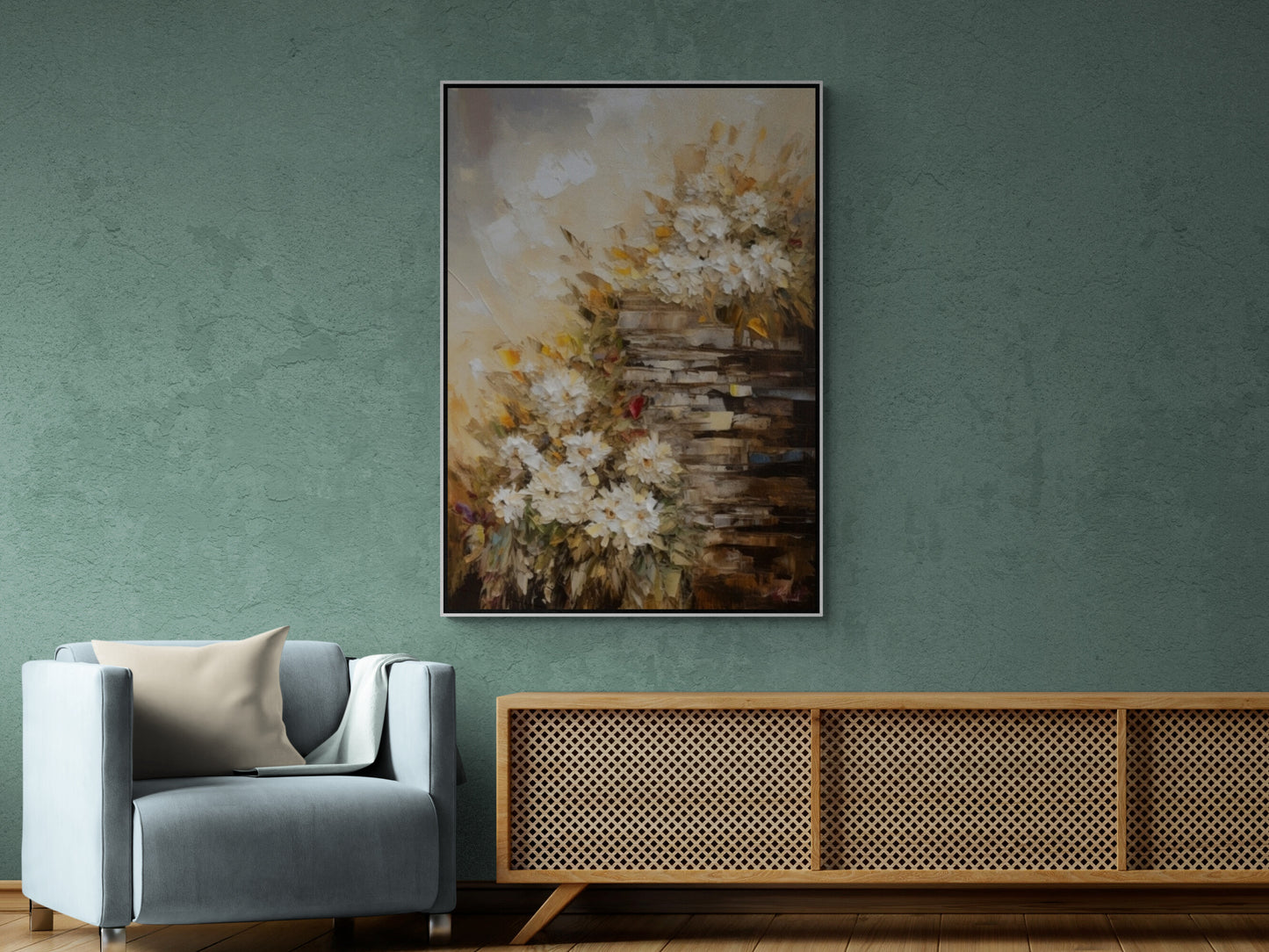 Große florale Wandkunst, botanische Wandkunst mit schwebendem Rahmen, druckbares Blumenkunstwerk, abstrakte Wandkunst fürs Wohnzimmer, moderner Leinwanddruck