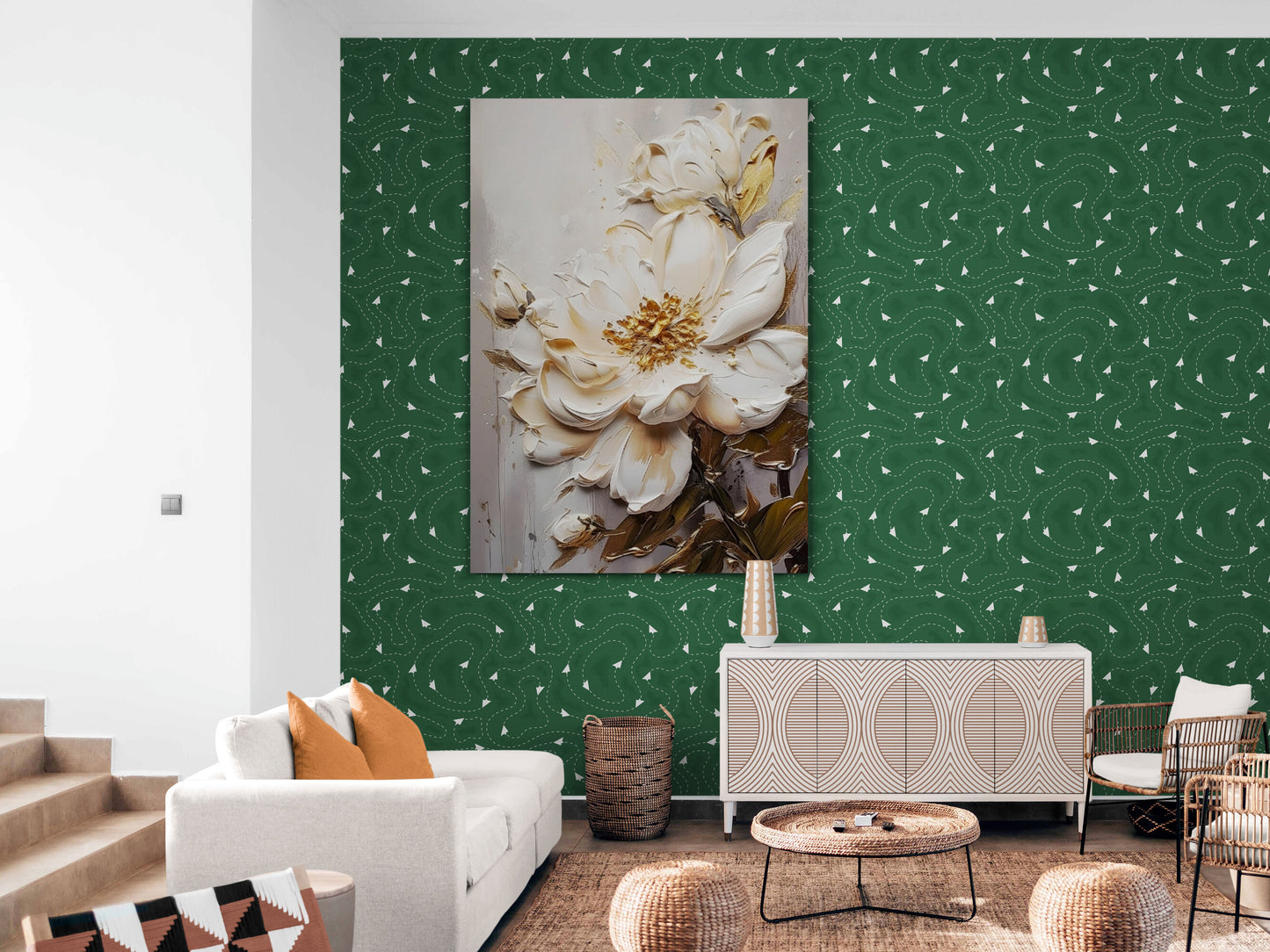 Große florale Wandkunst, gerahmtes 3D-Blumenkunstwerk, druckbare botanische Wandkunst, weißer Blumenölfarben-Leinwanddruck, sanfte Schlafzimmer-Wandkunst