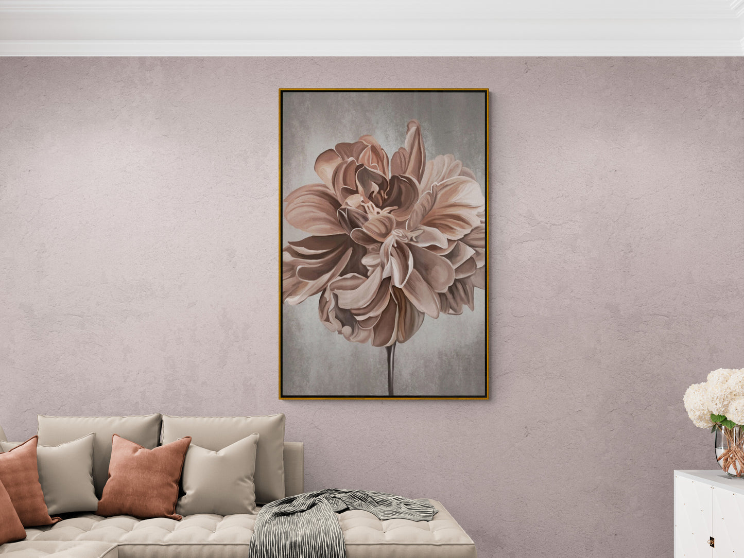 Große florale Wandkunst, beige Blumen Leinwanddruck, schwebendes Rahmenbild, moderne druckbare Wandkunst, Aquarell Kunstdruck, Schlafzimmer Kunstwerk