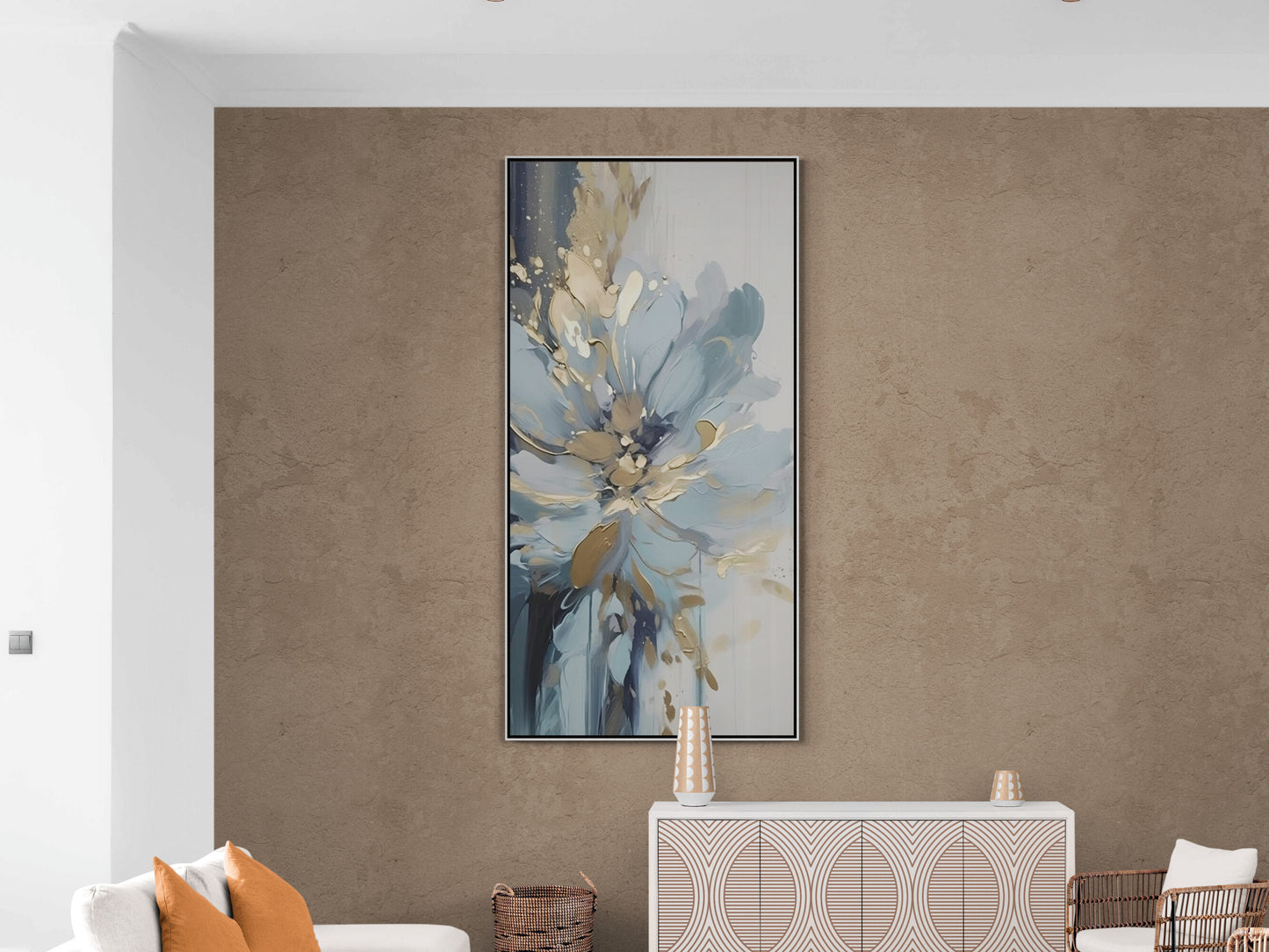 Blaue Blumen Wandkunst, große gerahmte blau-goldene Wandkunst, abstraktes Floater-Rahmen-Kunstwerk, ruhiger Schlafzimmer-Leinwanddruck, druckbares florales Kunstwerk