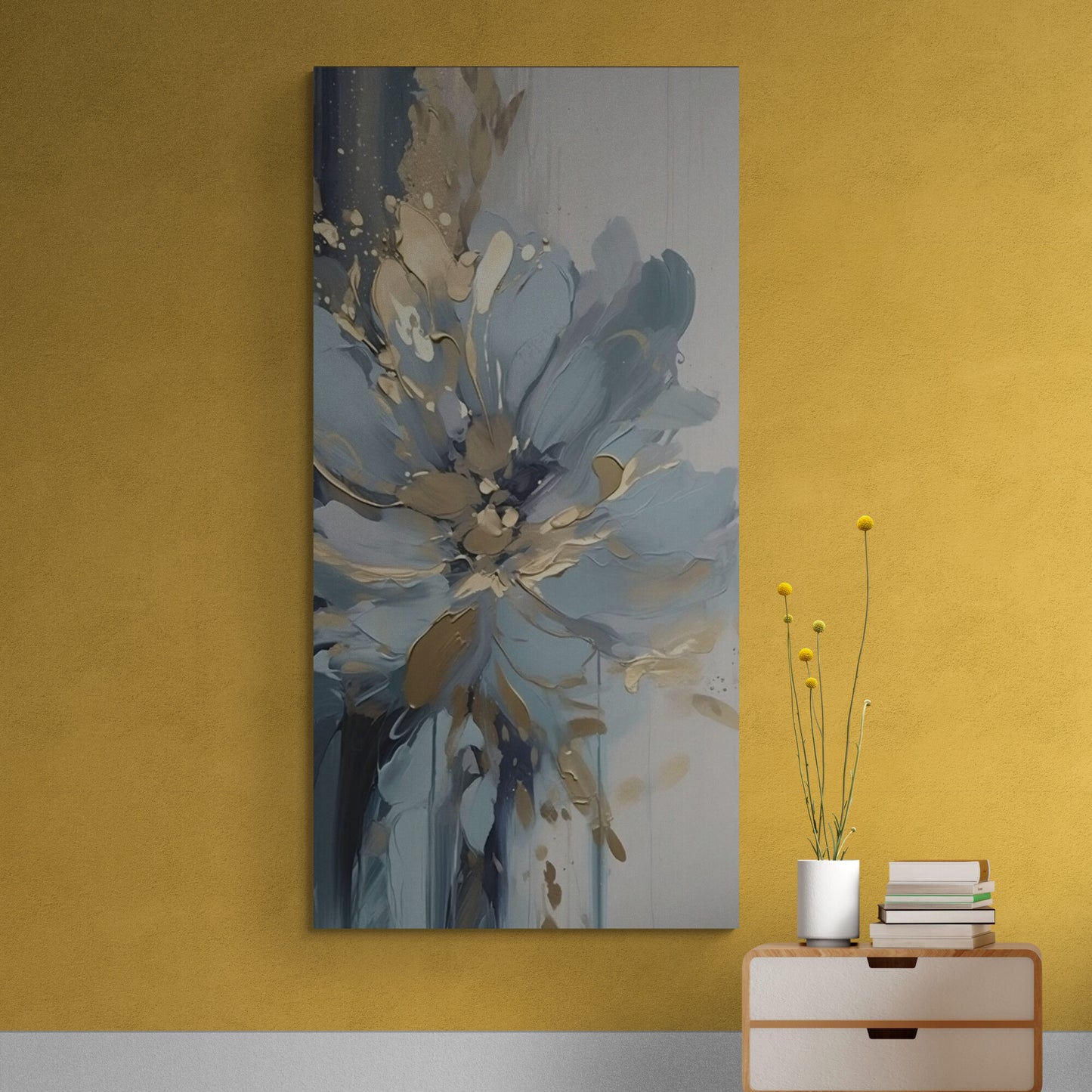 Blaue Blumen Wandkunst, große gerahmte blau-goldene Wandkunst, abstraktes Floater-Rahmen-Kunstwerk, ruhiger Schlafzimmer-Leinwanddruck, druckbares florales Kunstwerk