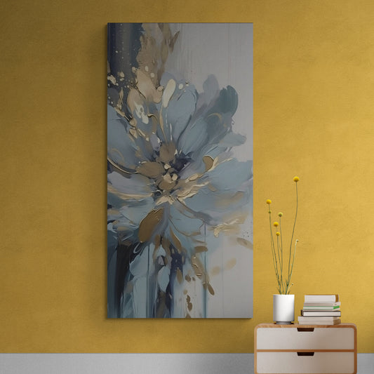 Blaue Blumen Wandkunst, große gerahmte blau-goldene Wandkunst, abstraktes Floater-Rahmen-Kunstwerk, ruhiger Schlafzimmer-Leinwanddruck, druckbares florales Kunstwerk