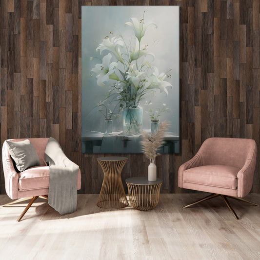 Blumenstrauß Wandkunst, Lilien Leinwanddruck im Floater-Rahmen, modernes druckbares weißes Blumenkunstwerk, ruhiges Wohnzimmer Wandkunst, großes Kunstwerk
