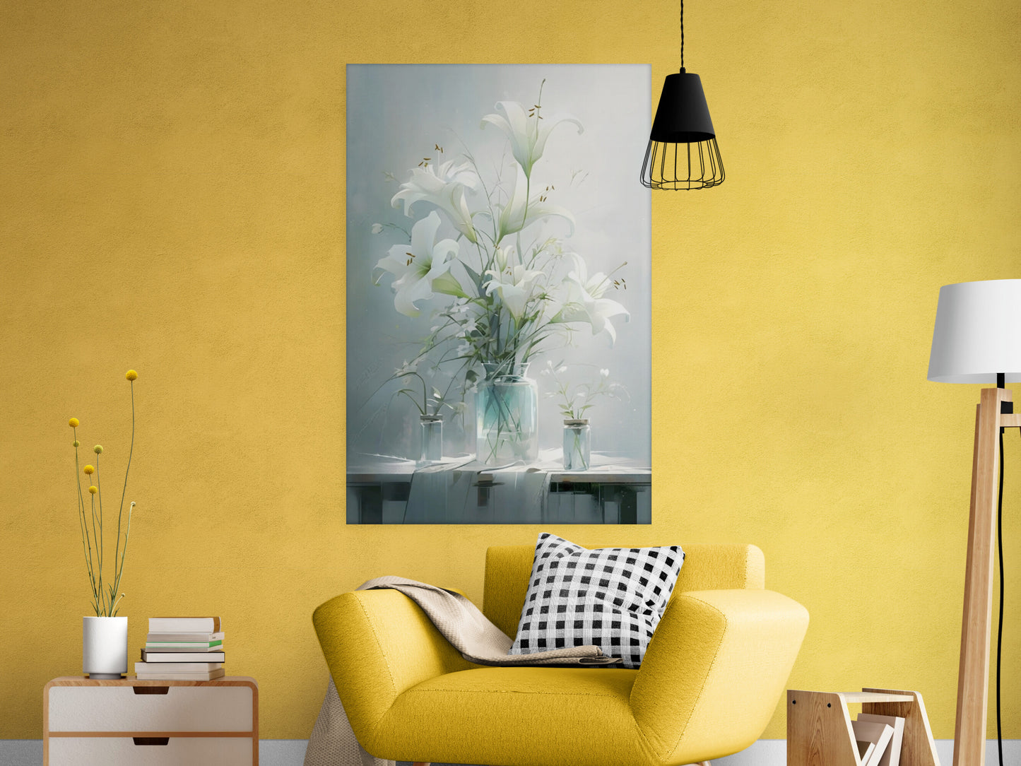 Blumenstrauß Wandkunst, Lilien Leinwanddruck im Floater-Rahmen, modernes druckbares weißes Blumenkunstwerk, ruhiges Wohnzimmer Wandkunst, großes Kunstwerk