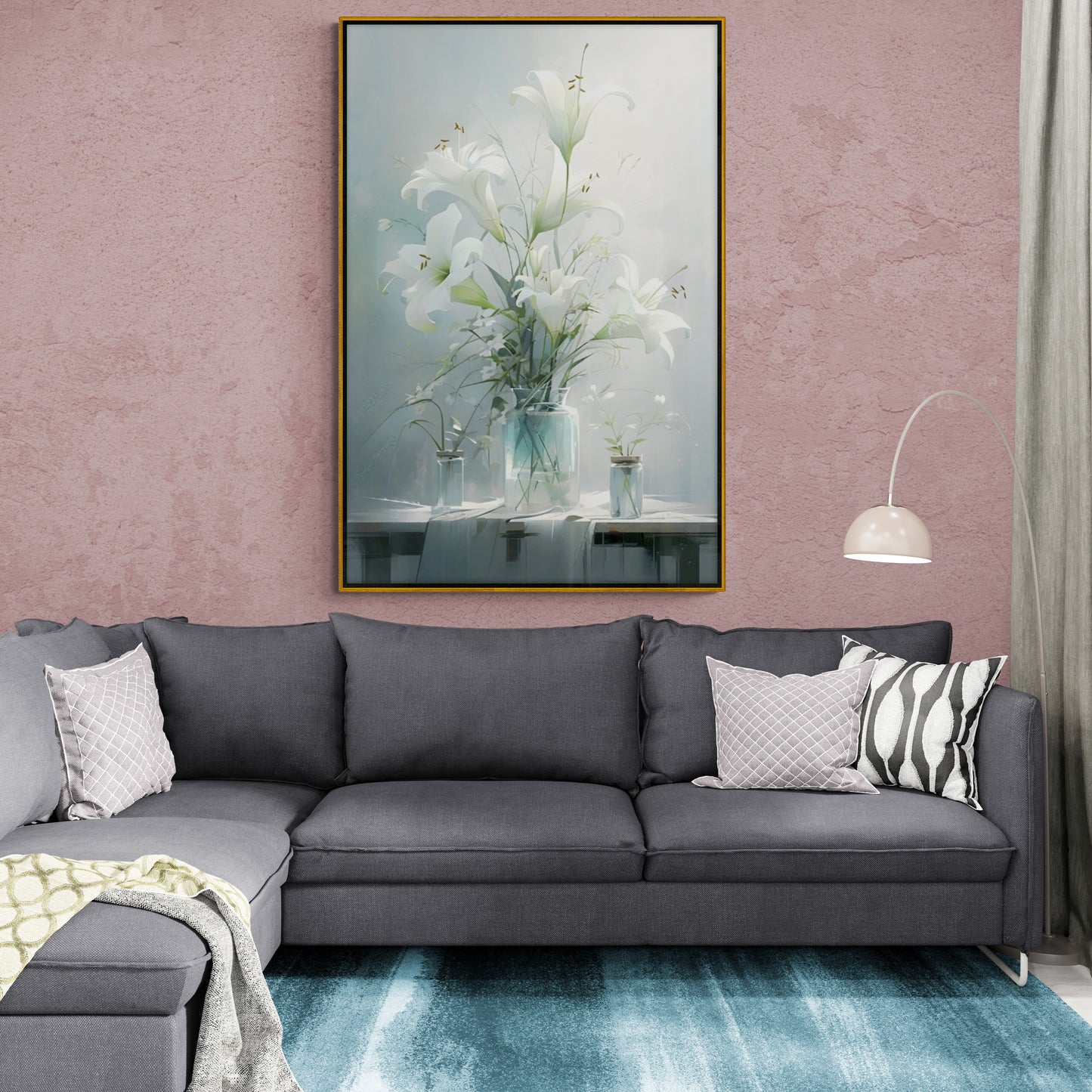 Blumenstrauß Wandkunst, Lilien Leinwanddruck im Floater-Rahmen, modernes druckbares weißes Blumenkunstwerk, ruhiges Wohnzimmer Wandkunst, großes Kunstwerk