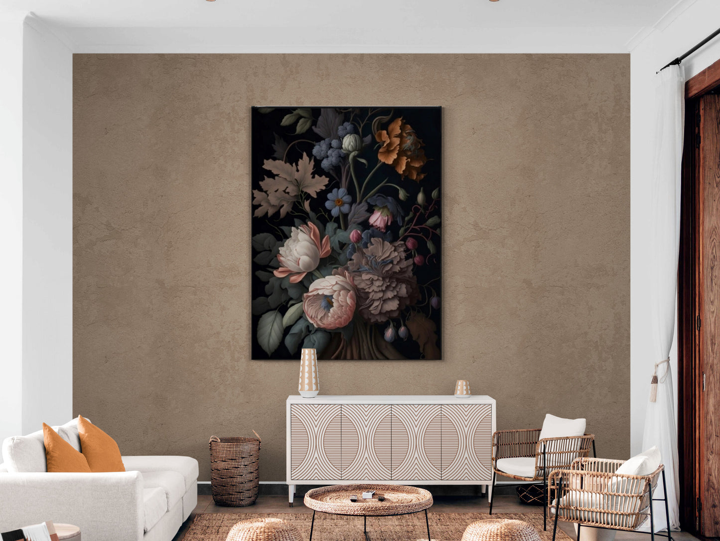 Extra großes Pfingstrosen-Wandbild, dunkler Blumendruck im Floater-Rahmen, botanischer Leinwanddruck, gedrucktes Blumenkunstwerk, Schlafzimmer-Leinwanddruck