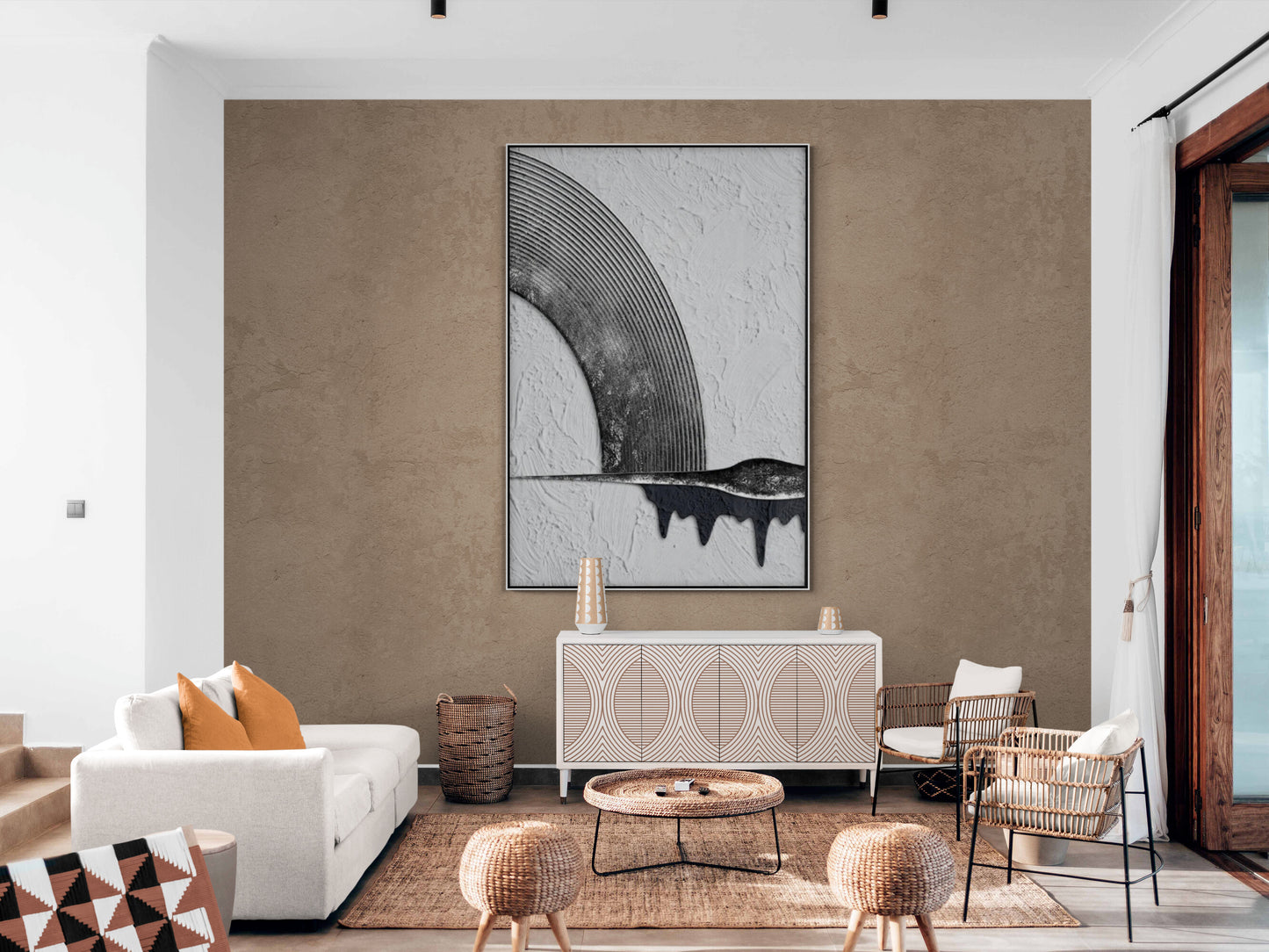 Große schwarz-weiße Wandkunst, gerahmter Loft-Kunst-Leinwanddruck, druckbares abstraktes Kunstwerk, Wandkunst im Floater-Rahmen, moderne Wandkunst fürs Wohnzimmer