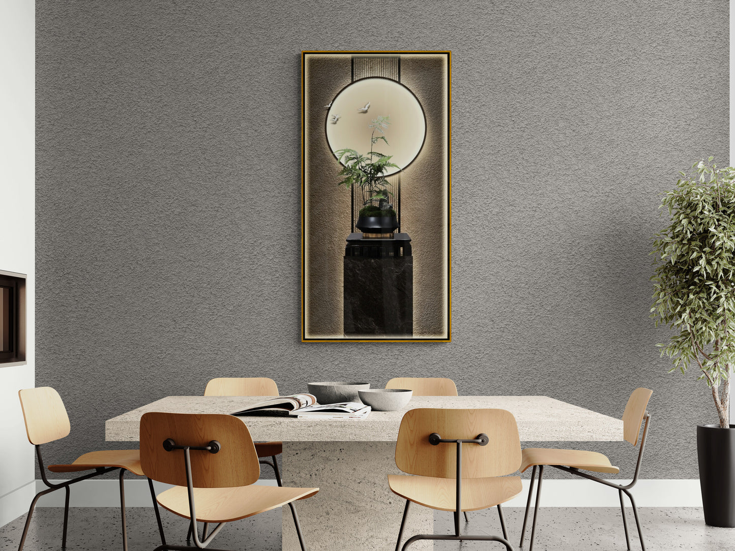 Orientalischer Leinwanddruck, gerahmte Wandkunst mit Mondbild, vertikaler Chinoiserie-Kunstdruck, große Wandkunst fürs Wohnzimmer, Geschenk für ihn