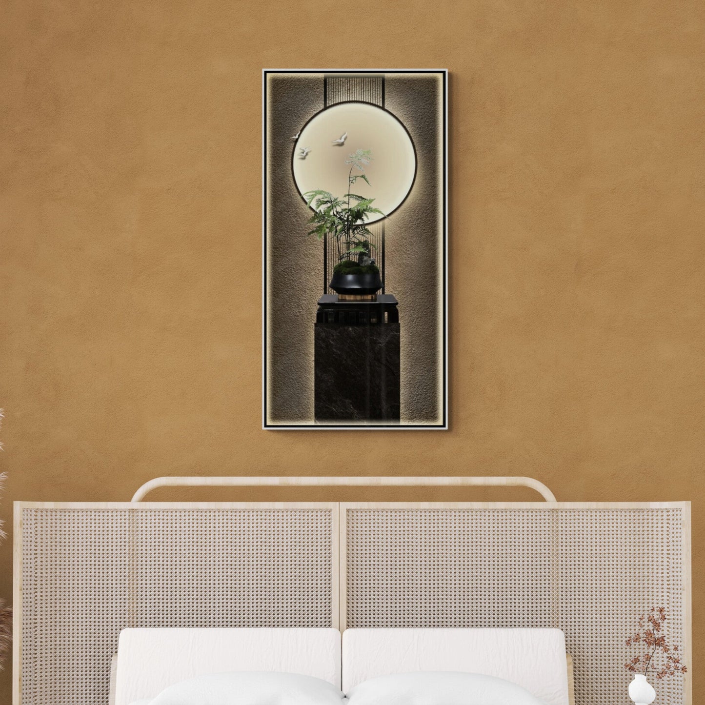 Orientalischer Leinwanddruck, gerahmte Wandkunst mit Mondbild, vertikaler Chinoiserie-Kunstdruck, große Wandkunst fürs Wohnzimmer, Geschenk für ihn