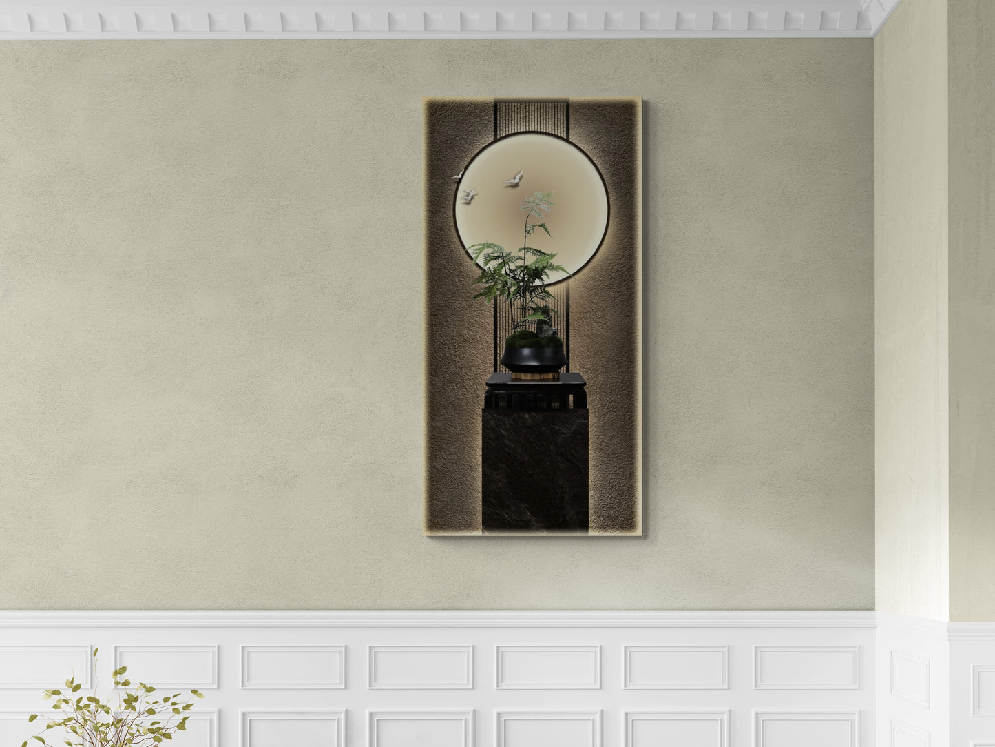 Orientalischer Leinwanddruck, gerahmte Wandkunst mit Mondbild, vertikaler Chinoiserie-Kunstdruck, große Wandkunst fürs Wohnzimmer, Geschenk für ihn