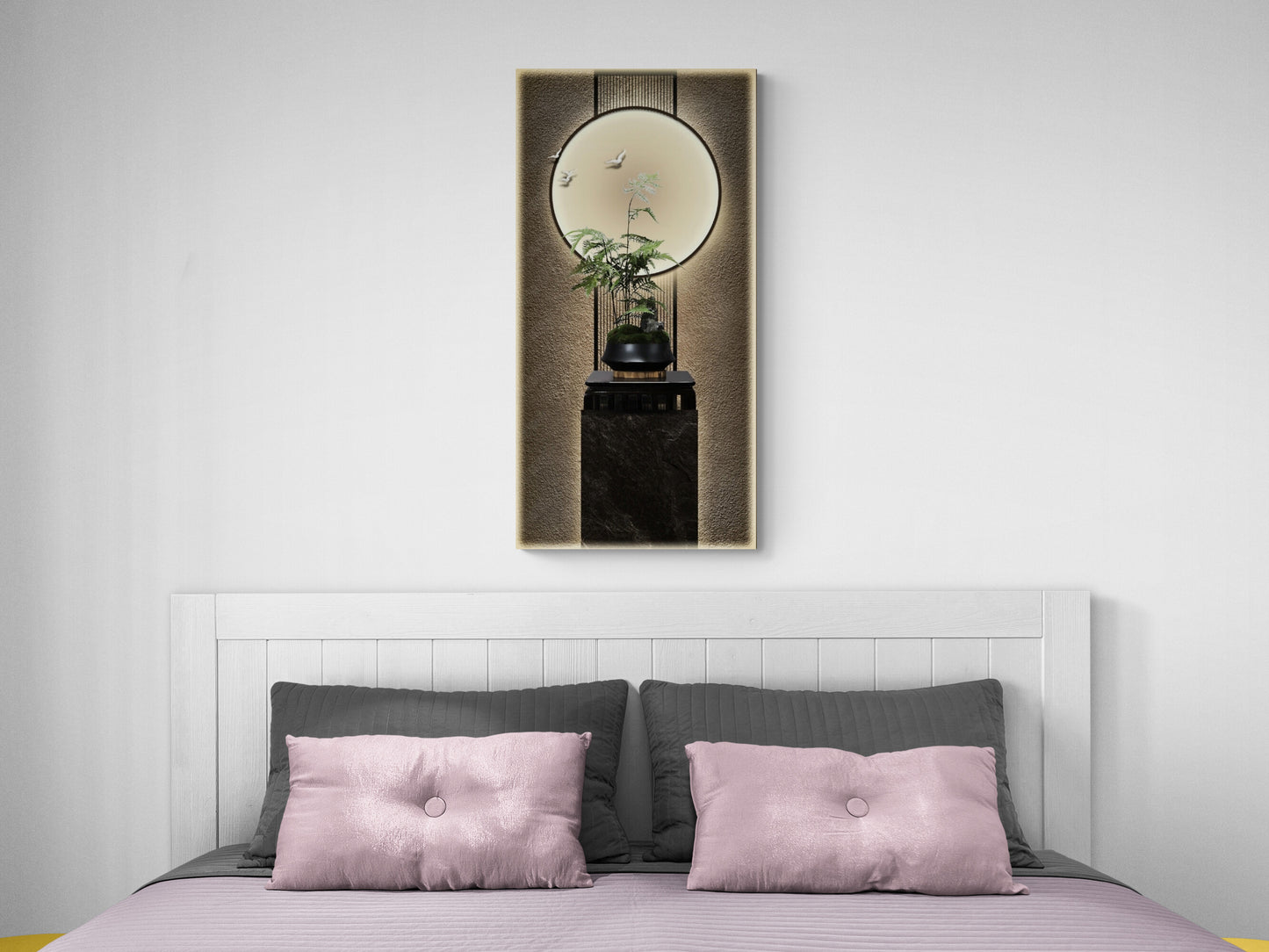 Orientalischer Leinwanddruck, gerahmte Wandkunst mit Mondbild, vertikaler Chinoiserie-Kunstdruck, große Wandkunst fürs Wohnzimmer, Geschenk für ihn