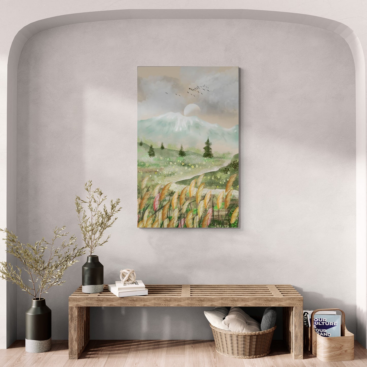 Gerahmte Panorama-Wandkunst, großer Natur-Leinwanddruck, farbenfroher Landschaftskunstdruck, Bergwandkunst, botanischer Leinwanddruck, Kunstdruck mit grünen Feldern, Wohnzimmerwandkunst, Geschenk für die Patentante