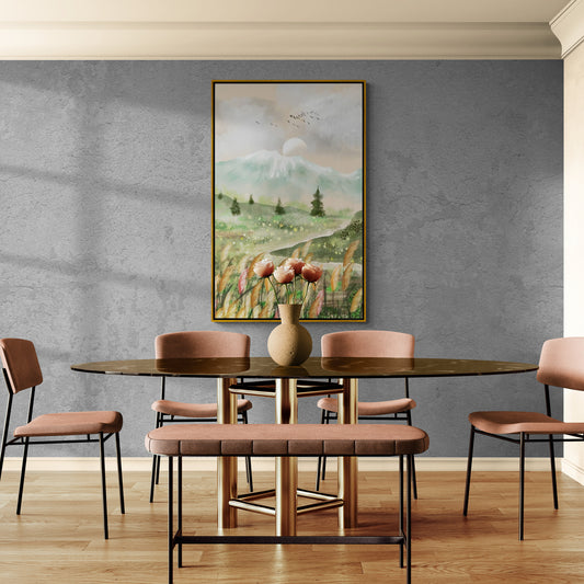 Gerahmte Panorama-Wandkunst, großer Natur-Leinwanddruck, farbenfroher Landschaftskunstdruck, Bergwandkunst, botanischer Leinwanddruck, Kunstdruck mit grünen Feldern, Wohnzimmerwandkunst, Geschenk für die Patentante