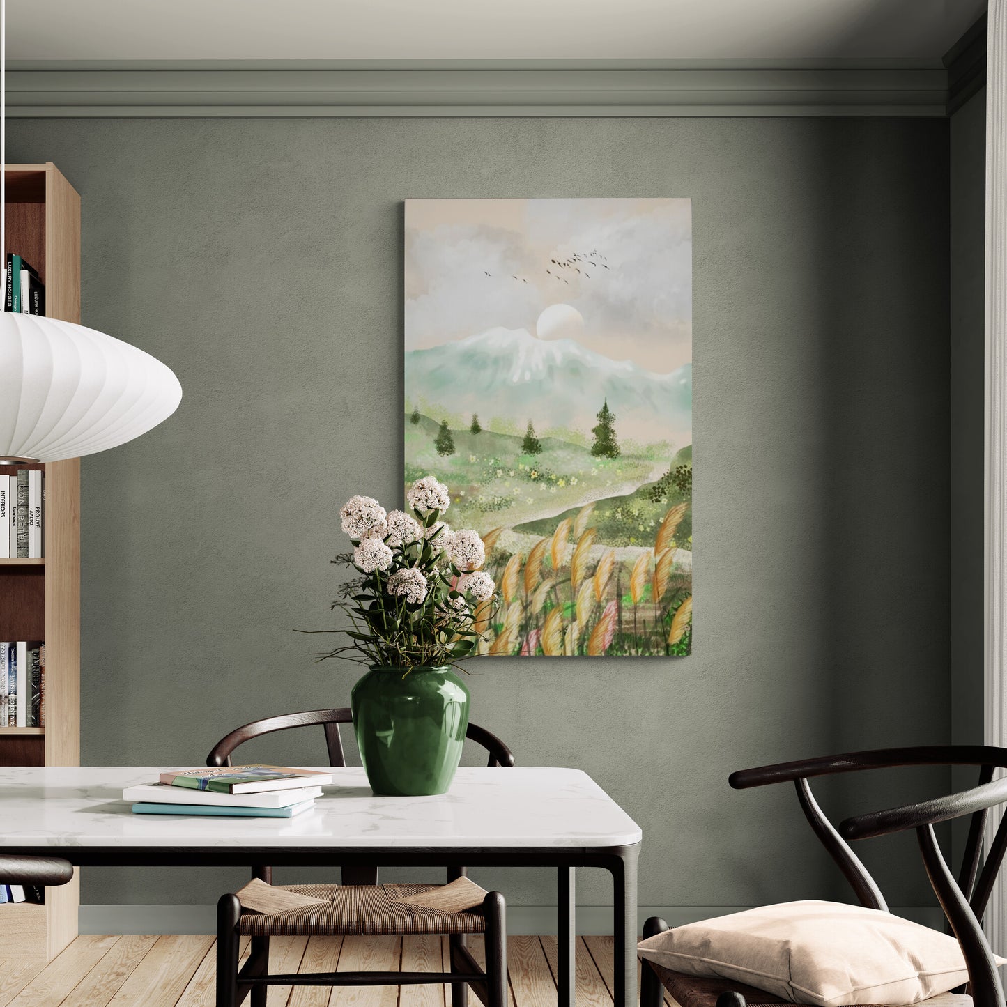 Gerahmte Panorama-Wandkunst, großer Natur-Leinwanddruck, farbenfroher Landschaftskunstdruck, Bergwandkunst, botanischer Leinwanddruck, Kunstdruck mit grünen Feldern, Wohnzimmerwandkunst, Geschenk für die Patentante