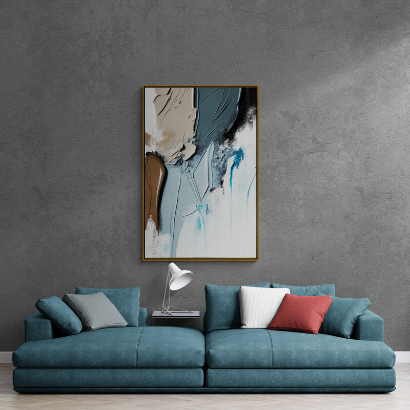 Abstrakte Wandkunst, modernes Leinwandbild, gerahmter Kunstdruck über dem Bett, Wandkunst mit Ölgemälde-Effekt, druckbare blaue Wandkunst fürs Wohnzimmer