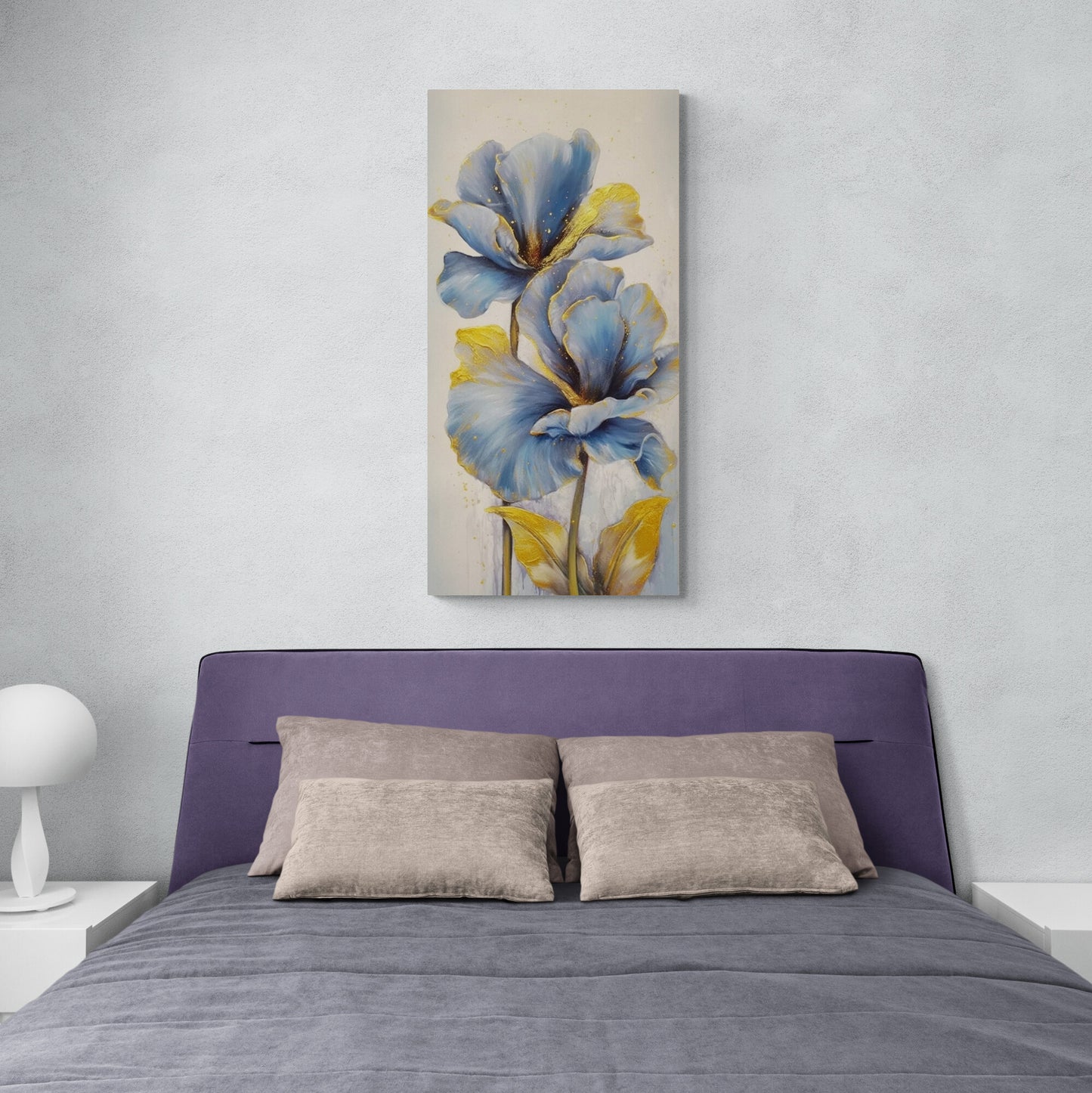 Blaue Blumen Wandkunst, gerahmter Blumenkunstdruck, vertikaler botanischer Leinwanddruck, sanfte Blumen Wandkunst, Geschenk zur Patentante