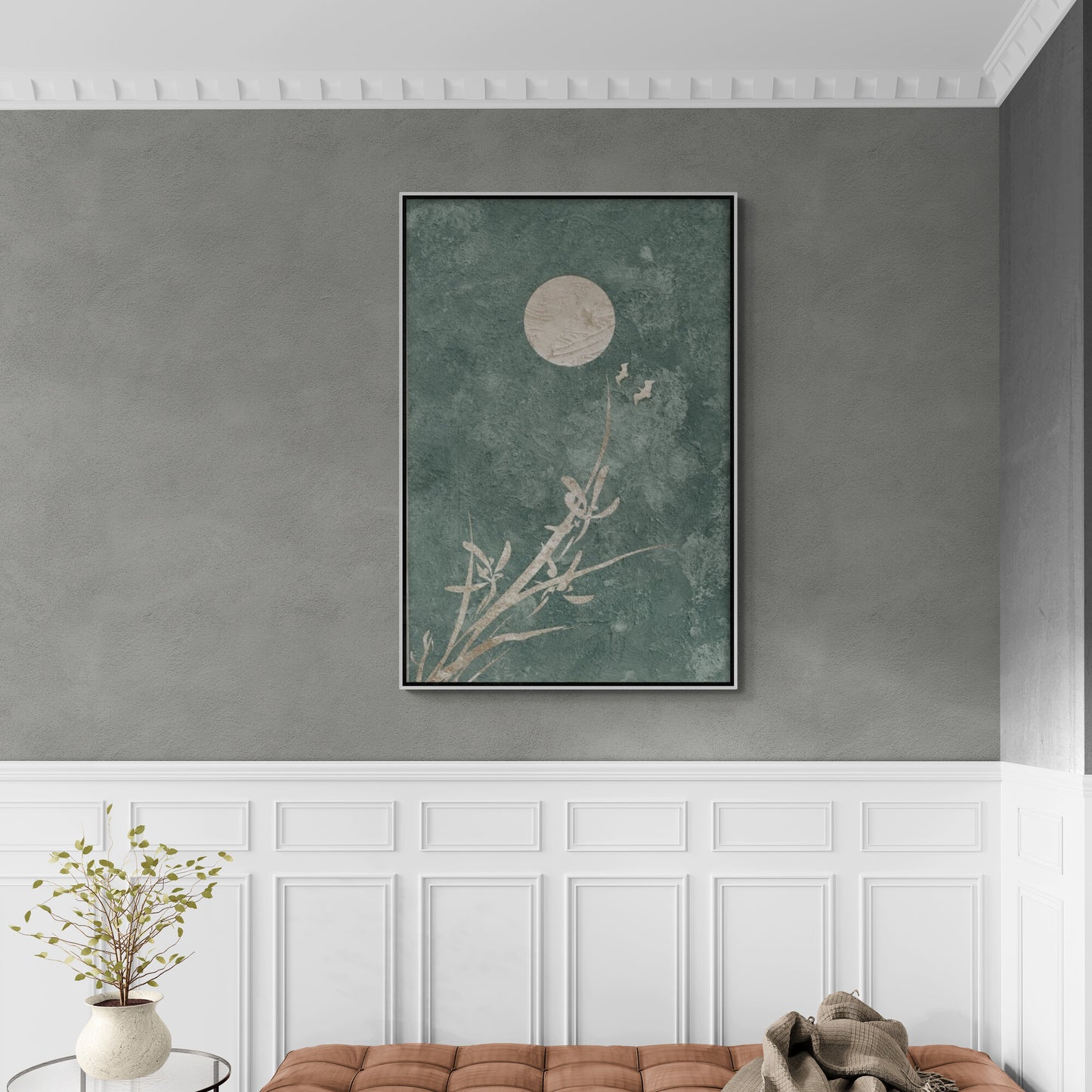 Chinoiserie Wandkunst, gerahmtes Kunstwerk mit Mondbild, großer vertikaler Japandi-Leinwanddruck, orientalische Wandkunst in Grün- und Weißtönen, Wandkunst fürs Wohnzimmer, Geschenk für ihn