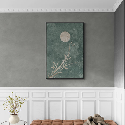 Chinoiserie Wandkunst, gerahmtes Kunstwerk mit Mondbild, großer vertikaler Japandi-Leinwanddruck, orientalische Wandkunst in Grün- und Weißtönen, Wandkunst fürs Wohnzimmer, Geschenk für ihn