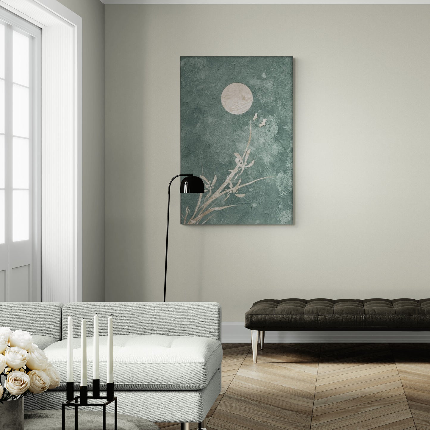 Chinoiserie Wandkunst, gerahmtes Kunstwerk mit Mondbild, großer vertikaler Japandi-Leinwanddruck, orientalische Wandkunst in Grün- und Weißtönen, Wandkunst fürs Wohnzimmer, Geschenk für ihn