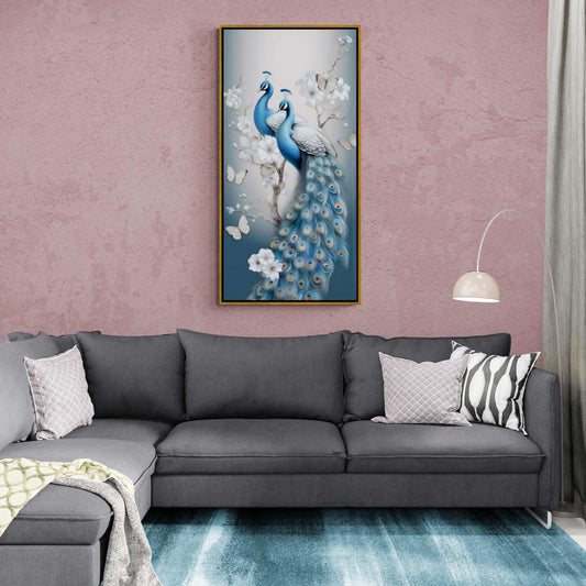 Vögel Wandkunst, gerahmte Wandkunst mit Pfauenbild, Tiere Kunstdruck, großer vertikaler Leinwanddruck, Wohnen