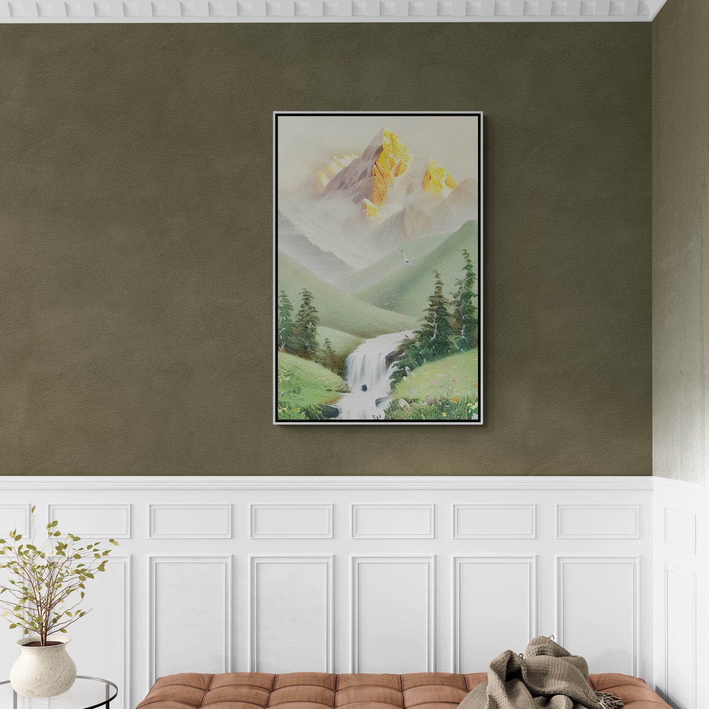 Berge Wandkunst, vertikales Panorama-Kunstwerk, goldener Berg-Leinwanddruck, Landschaftskunstwerk, verschneiter Bergkunstdruck, gerahmte Natur-Wandkunst, Muttergeschenk