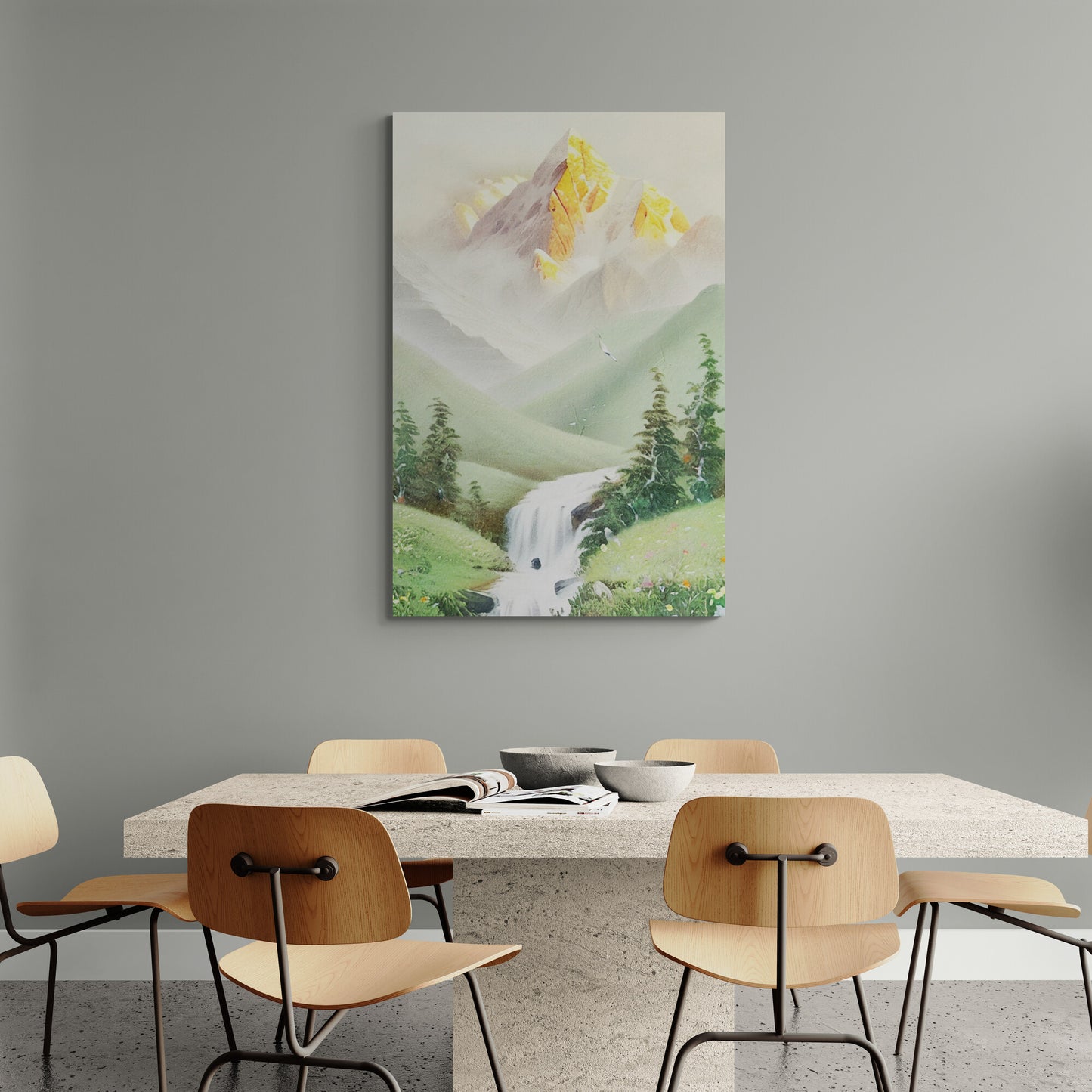 Berge Wandkunst, vertikales Panorama-Kunstwerk, goldener Berg-Leinwanddruck, Landschaftskunstwerk, verschneiter Bergkunstdruck, gerahmte Natur-Wandkunst, Muttergeschenk