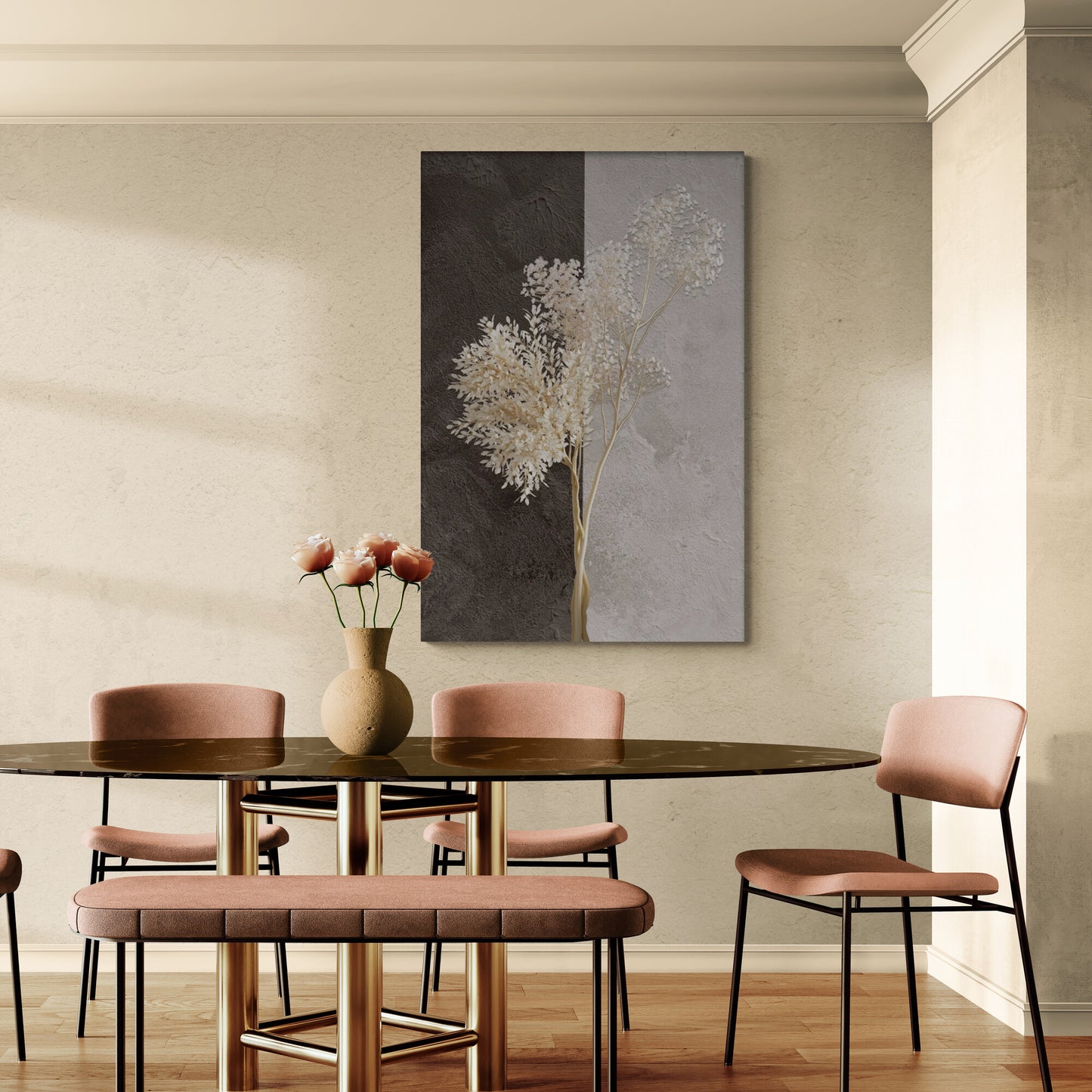 Abstrakte weiße und braune Wandkunst, Kunstwerk mit getrockneten Pflanzen, vertikal gerahmter Leinwanddruck, Wohnzimmer-Wandkunst, Geschenk zur Wohnungserwärmung