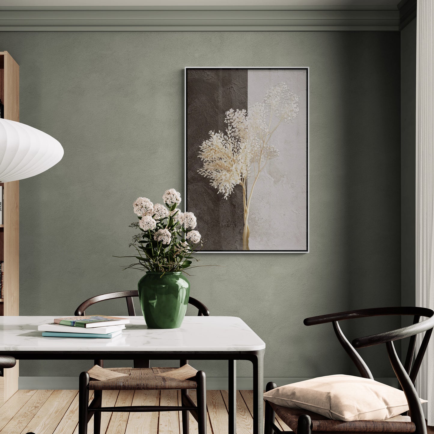 Abstrakte weiße und braune Wandkunst, Kunstwerk mit getrockneten Pflanzen, vertikal gerahmter Leinwanddruck, Wohnzimmer-Wandkunst, Geschenk zur Wohnungserwärmung