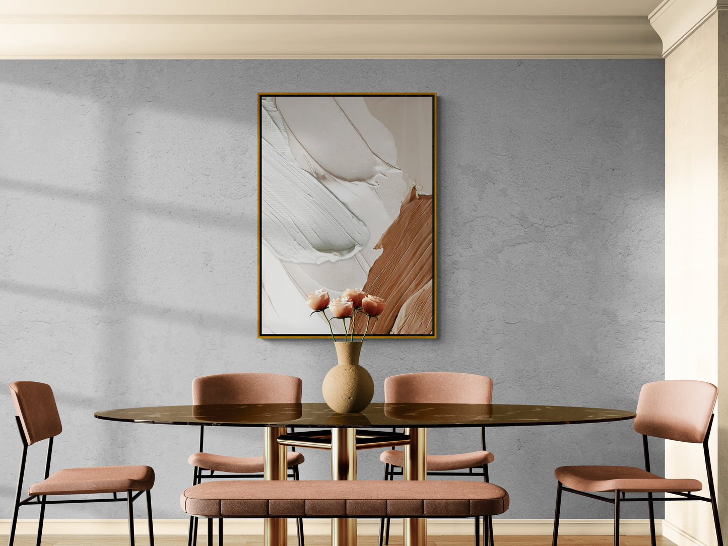 Abstrakter Leinwanddruck mit Ölgemälde-Effekt, gerahmte Wandkunst mit 3D-Effekt, Kunstwerk in Weiß- und Brauntönen, Geschenk für den Chef