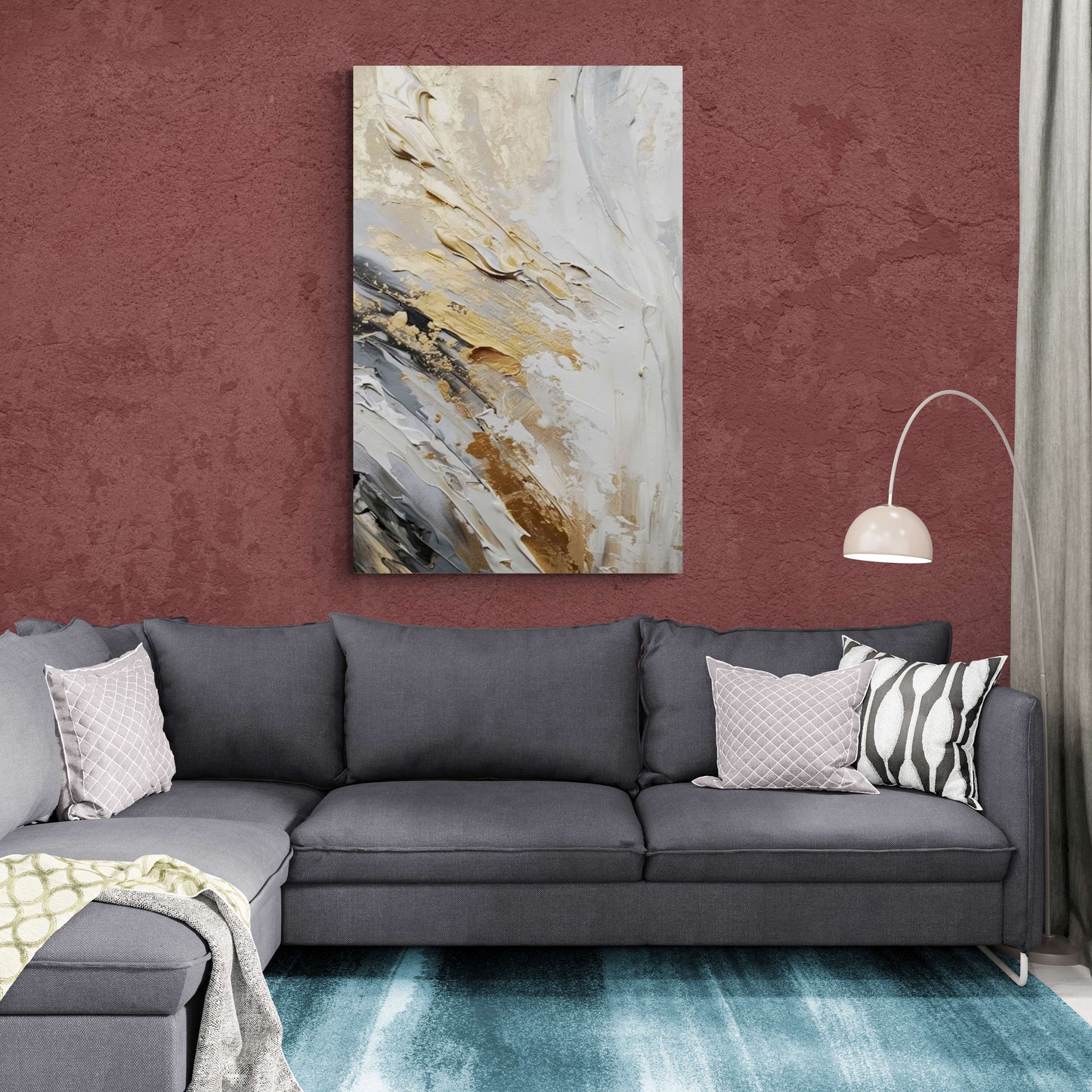 Abstrakte Wandkunst in Gold und Grau, gerahmter zeitgenössischer Leinwanddruck, Wandkunst mit Öleffekt, Geschenk für Männer