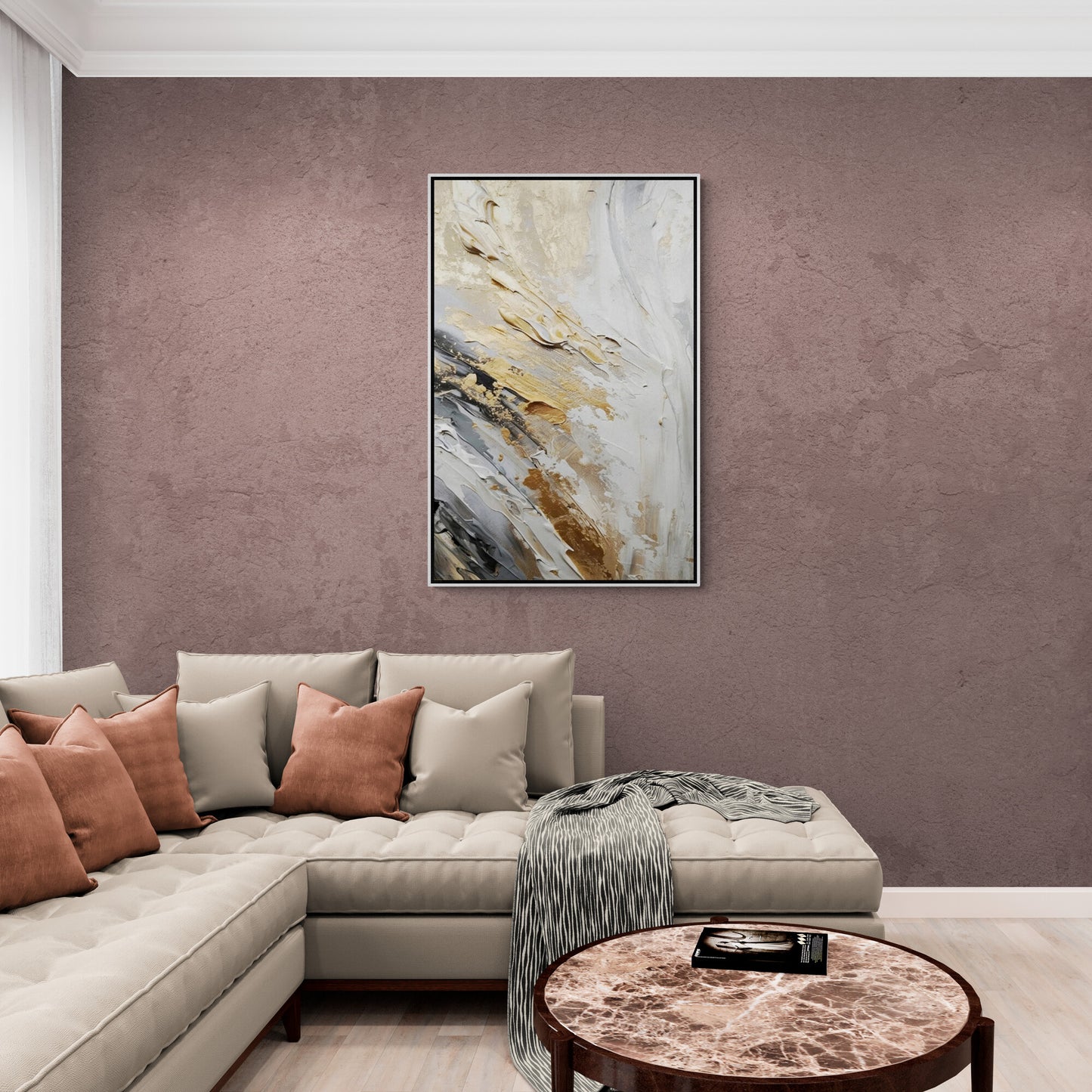 Abstrakte Wandkunst in Gold und Grau, gerahmter zeitgenössischer Leinwanddruck, Wandkunst mit Öleffekt, Geschenk für Männer