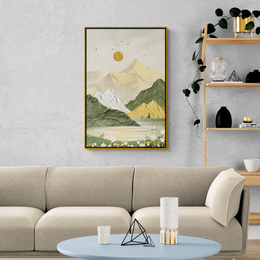 Wandkunst mit Bergen, vertikales Panorama-Kunstwerk, gerahmter Natur-Leinwanddruck, große Landschafts-Wandkunst, Kunstdruck fürs Wohnzimmer, druckbare Wandkunst, Wandkunst mit Goldrahmen, Kunstwerk mit schwarzem Rahmen