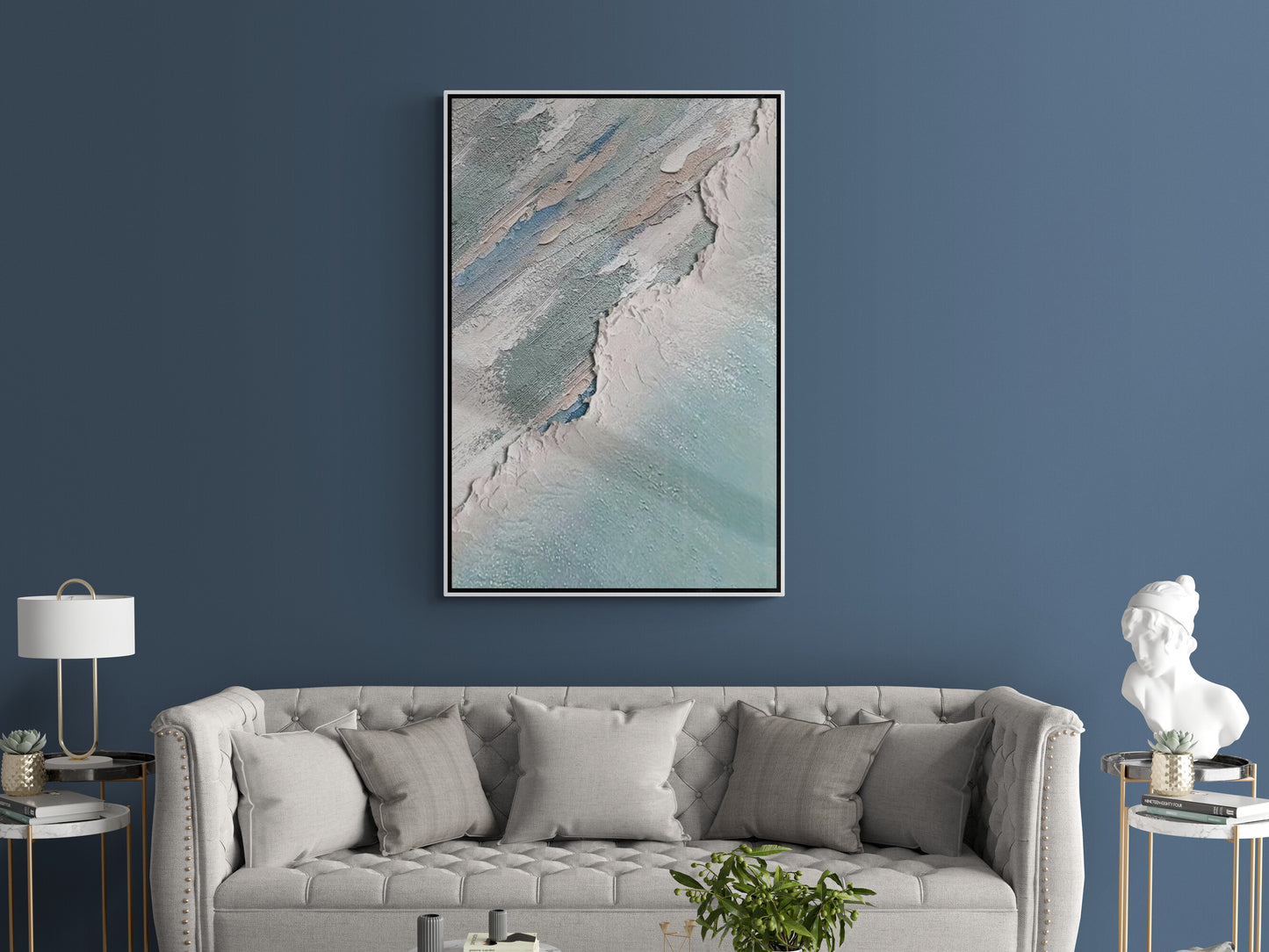 Abstrakte Wandkunst, gerahmter blauer Leinwanddruck, modernes druckbares Kunstwerk, Wandkunst mit Ölgemälde-Effekt, Geschenk für ihn