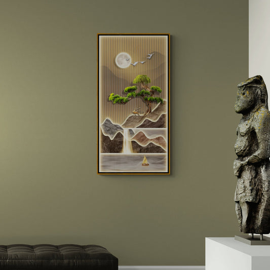 Japandi Wandkunst, Chinoiserie Leinwanddruck, großer Naturkunstdruck, gerahmte botanische Wandkunst, gerahmte Berge Wandkunst, vertikaler Wohnzimmer Kunstdruck