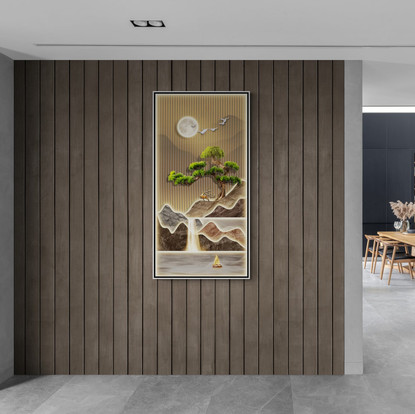 Japandi Wandkunst, Chinoiserie Leinwanddruck, großer Naturkunstdruck, gerahmte botanische Wandkunst, gerahmte Berge Wandkunst, vertikaler Wohnzimmer Kunstdruck